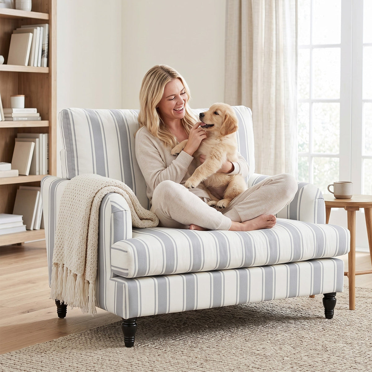 Modern Accent Chair, Velvet Single Sofa Armchair with Stripes, Turned Legs and Wide Seat, Upholstered Snuggle Chair for Living Room, Bedroom, Grey