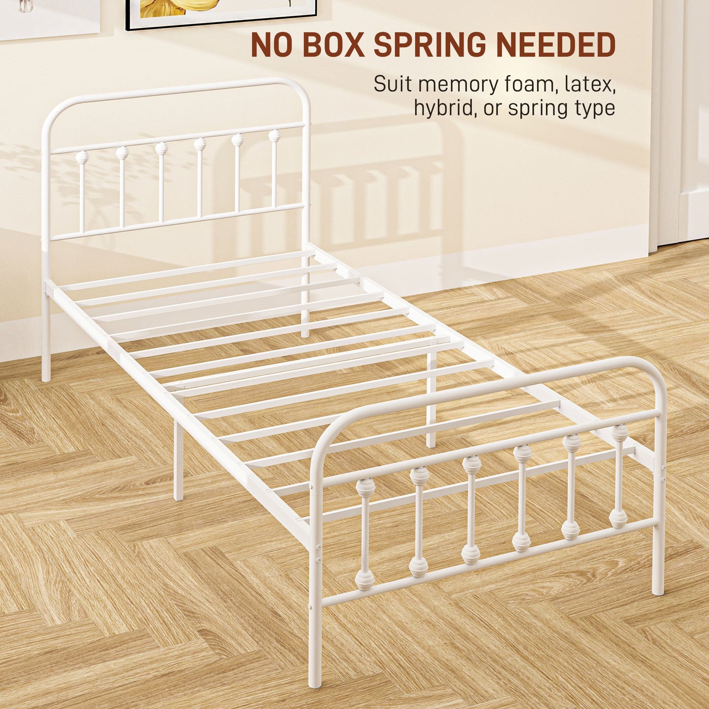 HOMCOM 3ft Single Bed Frame with Underbed Storage, Metal Platform Bed frame with Tall Headboard, Footboard and Steel Slat Support, No Box Spring Needed, Easy Assembly, White