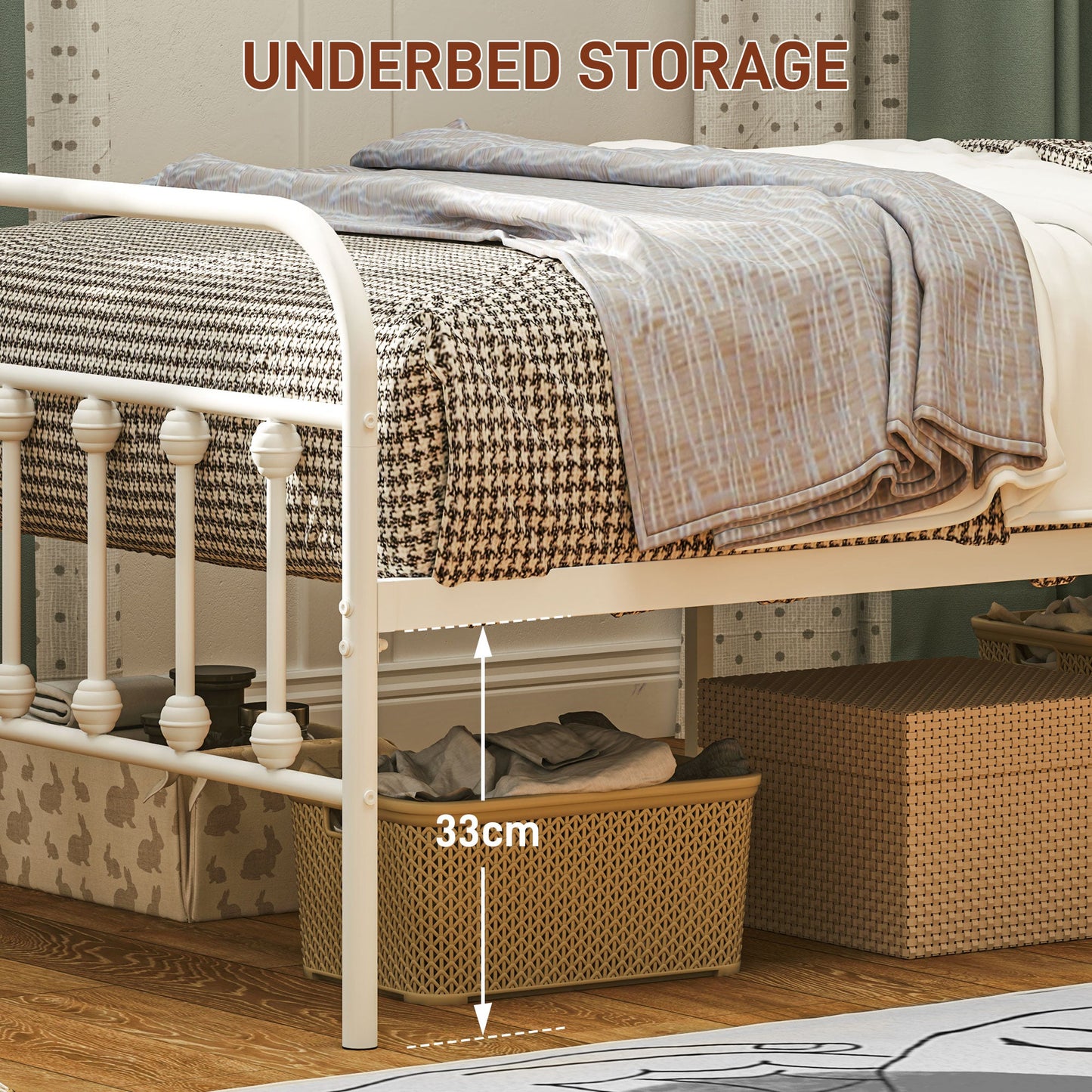 HOMCOM 3ft Single Bed Frame with Underbed Storage, Metal Platform Bed frame with Tall Headboard, Footboard and Steel Slat Support, No Box Spring Needed, Easy Assembly, White