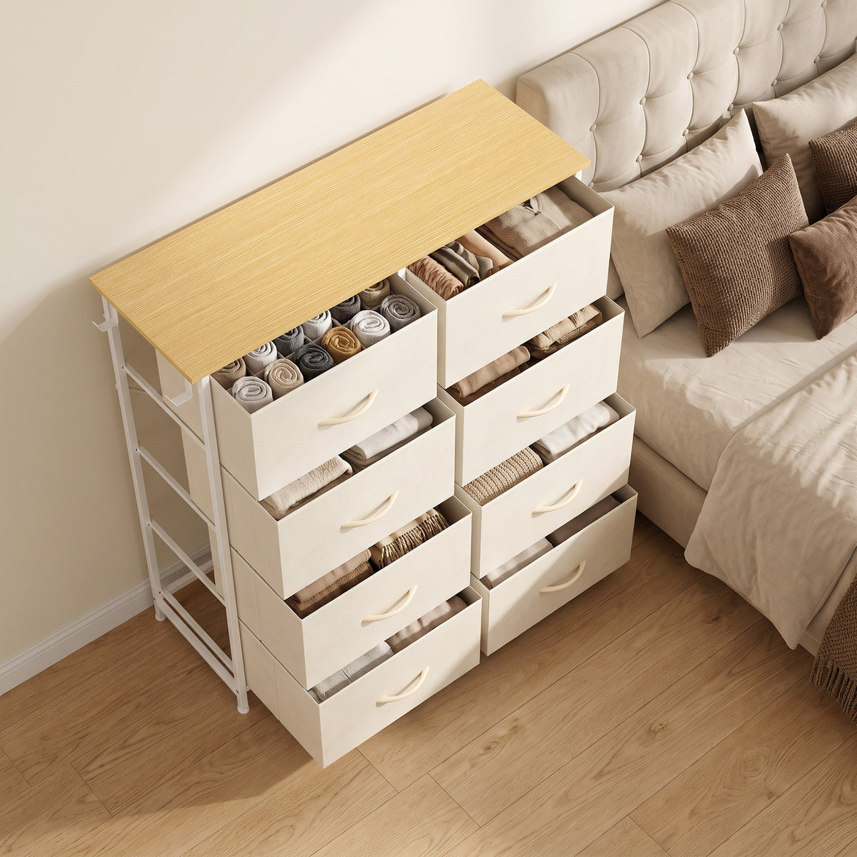 Chest of Drawers, Dresser for Bedroom with 8 Fabric Drawers, Tall Storage Unit with 4 Pockets, 2 Hooks and Steel Frame for Living Room, Hallway, Beige