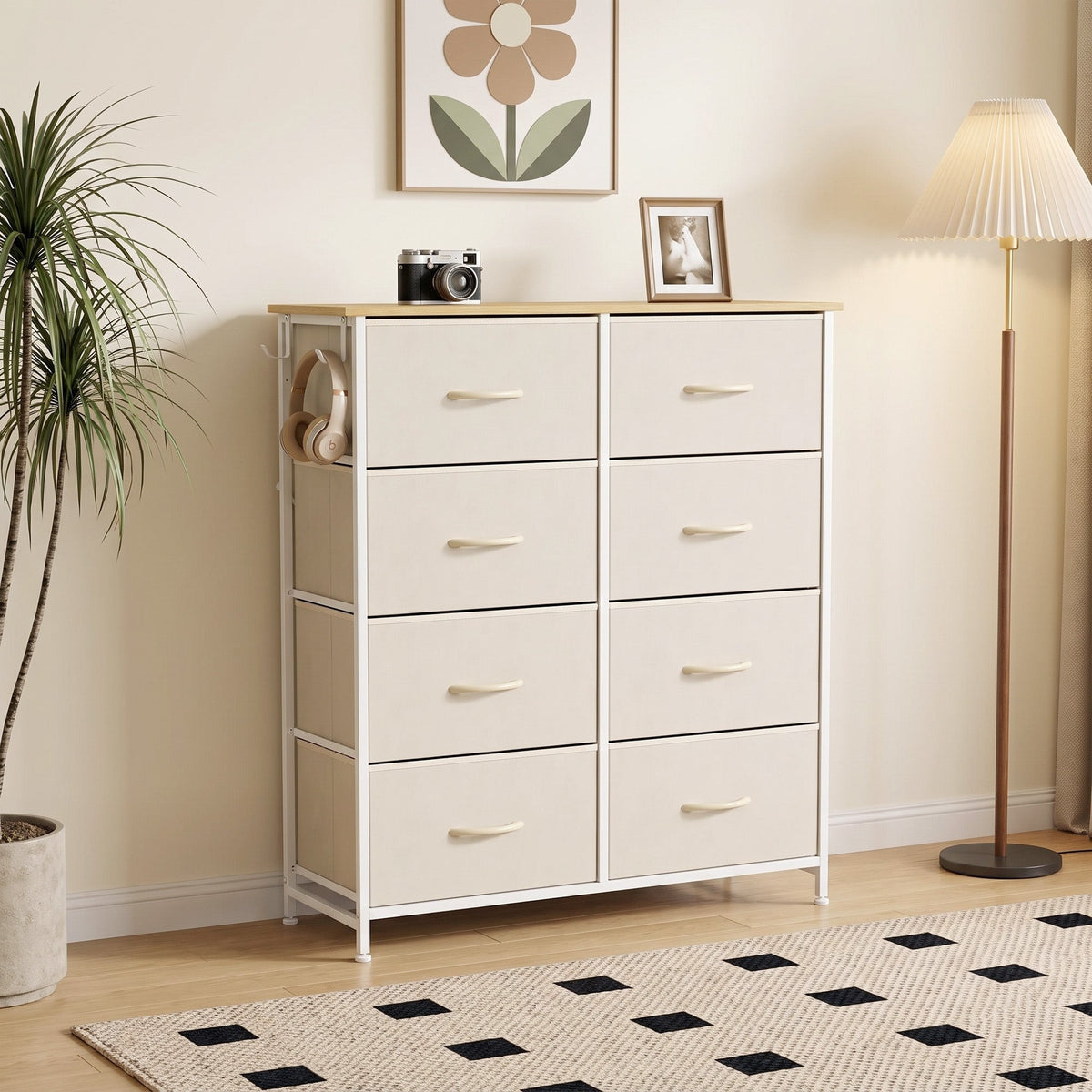 Chest of Drawers, Dresser for Bedroom with 8 Fabric Drawers, Tall Storage Unit with 4 Pockets, 2 Hooks and Steel Frame for Living Room, Hallway, Beige