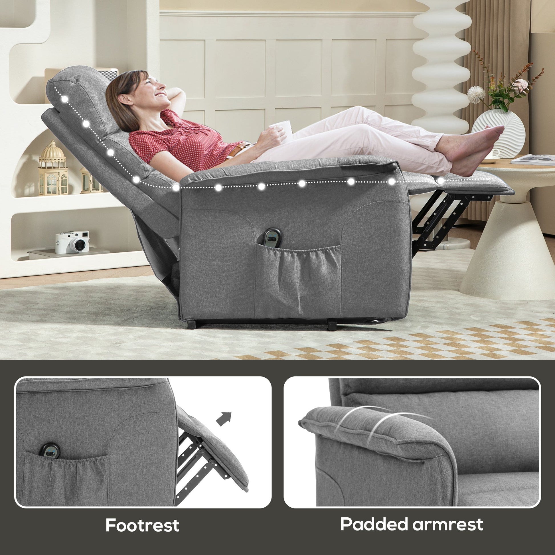 HOMCOM Power Lift Recliner Armchair, Electric Lift Chair for Elderly, Fabric Riser and Reclining Chair with Remote Control, Side Pockets, Extended Footrest, for Living Room, Grey