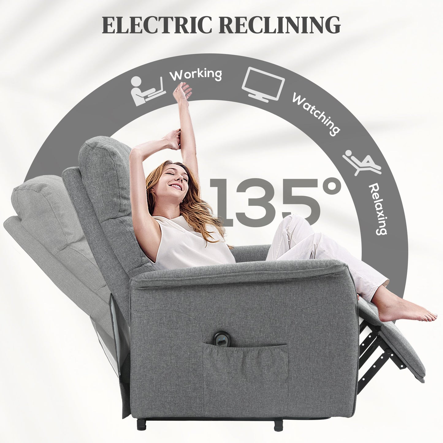 HOMCOM Power Lift Recliner Armchair, Electric Lift Chair for Elderly, Fabric Riser and Reclining Chair with Remote Control, Side Pockets, Extended Footrest, for Living Room, Grey