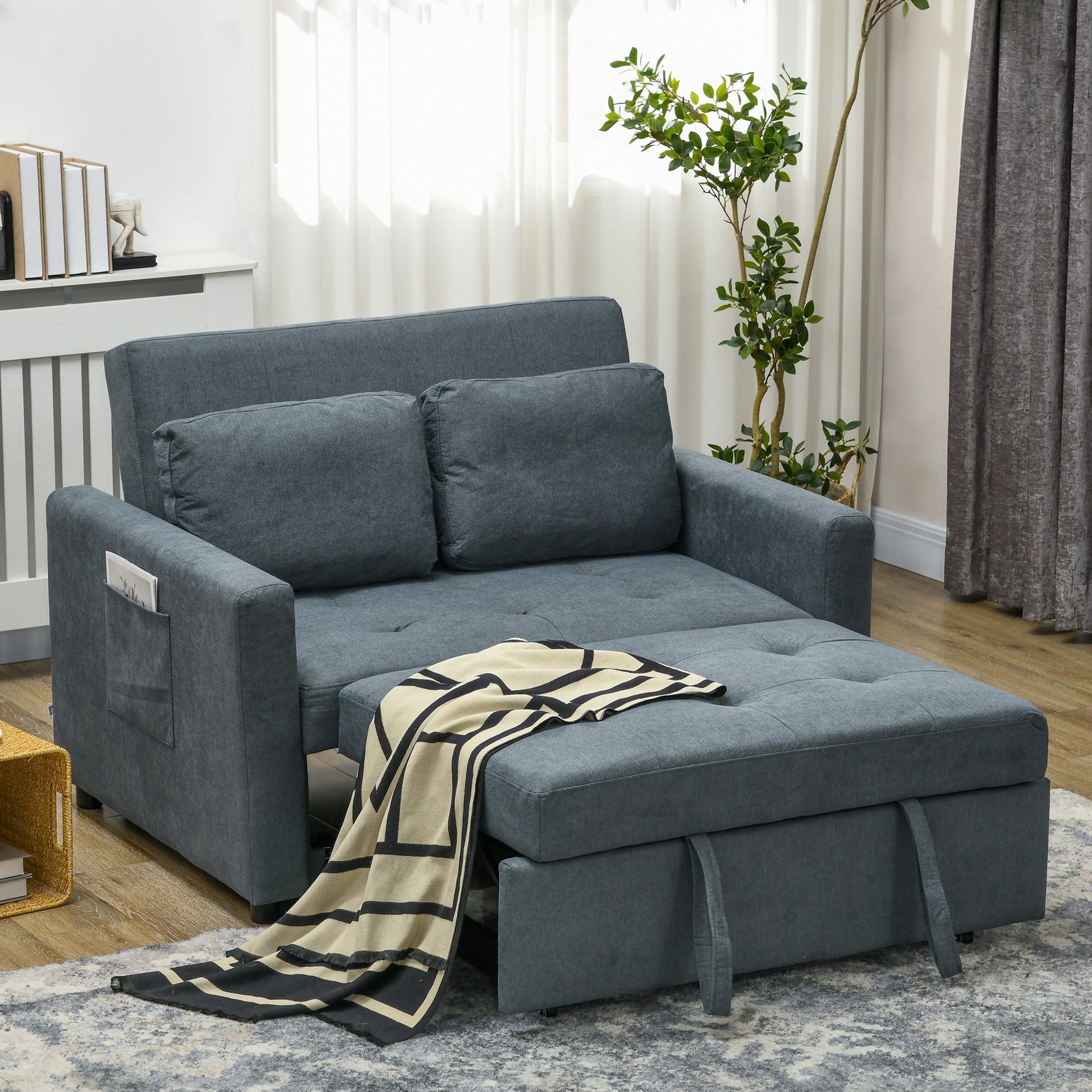 HOMCOM 2 Seater Sofa Bed, Convertible Bed Settee, Modern Fabric Loveseat Sofa Couch with 2 Cushions, Side Pockets for Living Room, Guest Room, Charcoal Grey