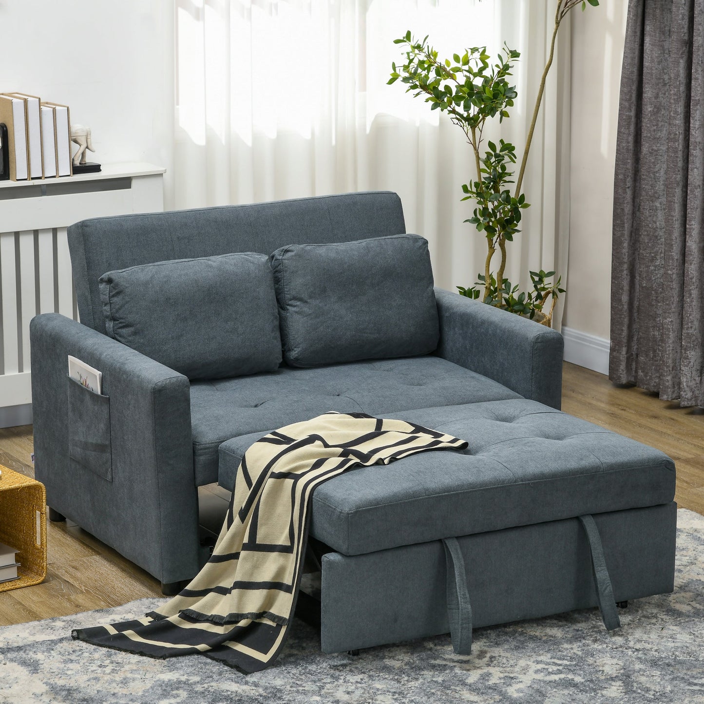 HOMCOM 2 Seater Sofa Bed, Convertible Bed Settee, Modern Fabric Loveseat Sofa Couch with 2 Cushions, Side Pockets for Living Room, Guest Room, Charcoal Grey