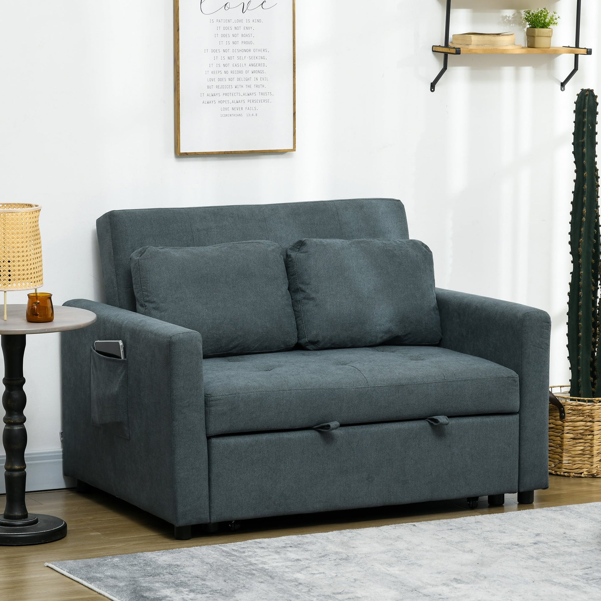 HOMCOM 2 Seater Sofa Bed, Convertible Bed Settee, Modern Fabric Loveseat Sofa Couch with 2 Cushions, Side Pockets for Living Room, Guest Room, Charcoal Grey