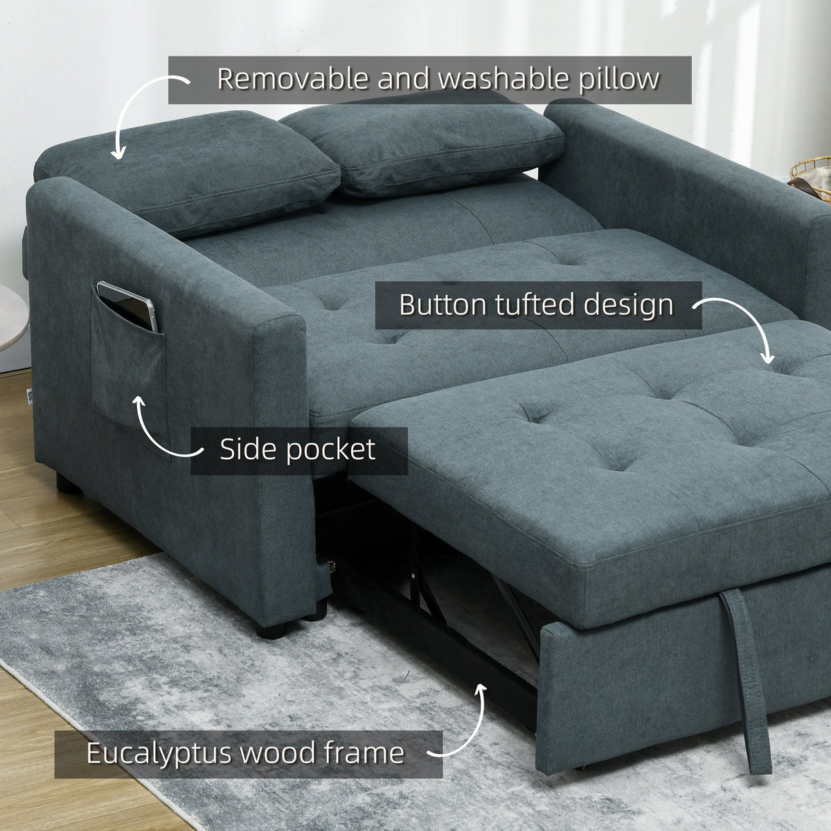 HOMCOM 2 Seater Sofa Bed, Convertible Bed Settee, Modern Fabric Loveseat Sofa Couch with 2 Cushions, Side Pockets for Living Room, Guest Room, Charcoal Grey
