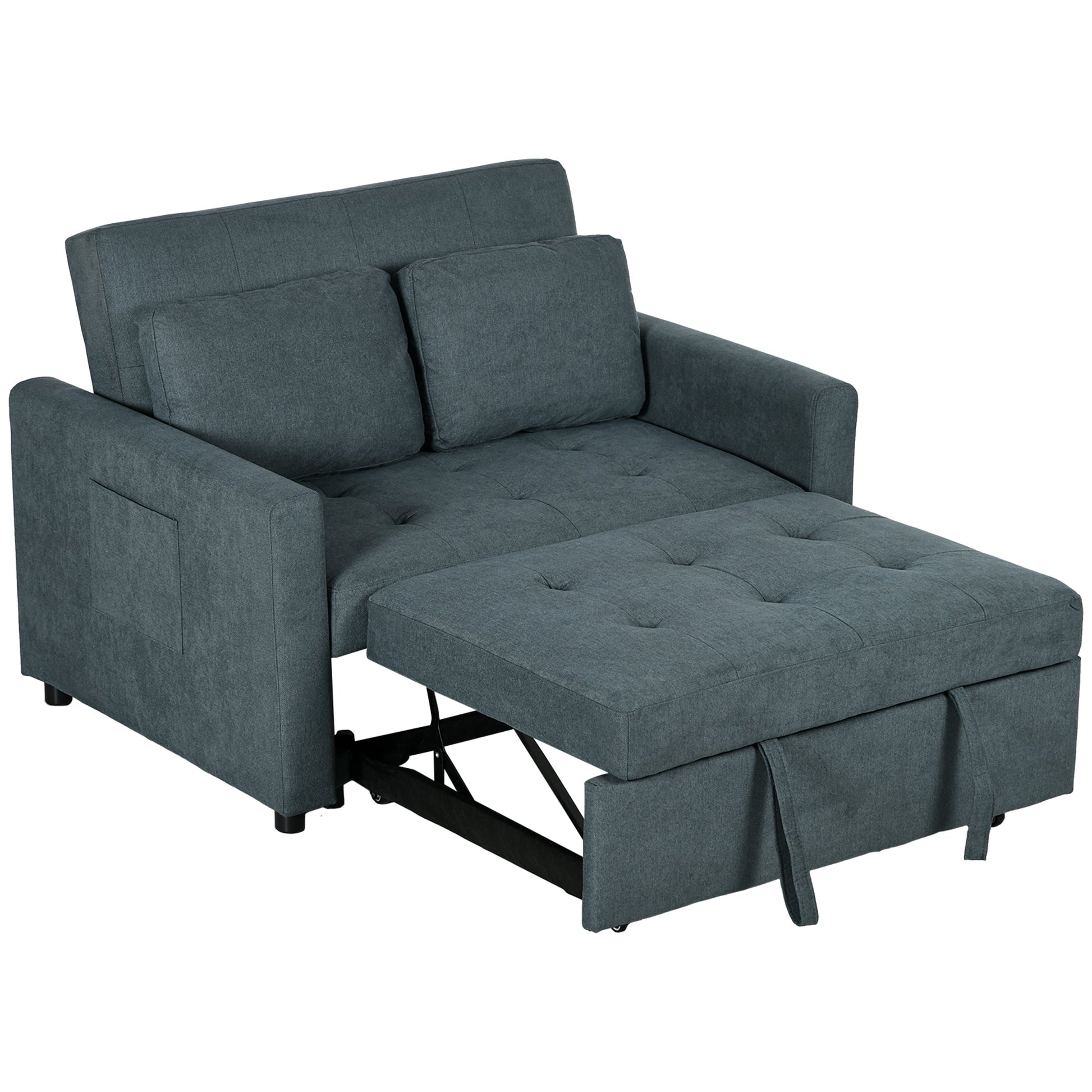 HOMCOM 2 Seater Sofa Bed, Convertible Bed Settee, Modern Fabric Loveseat Sofa Couch with 2 Cushions, Side Pockets for Living Room, Guest Room, Charcoal Grey