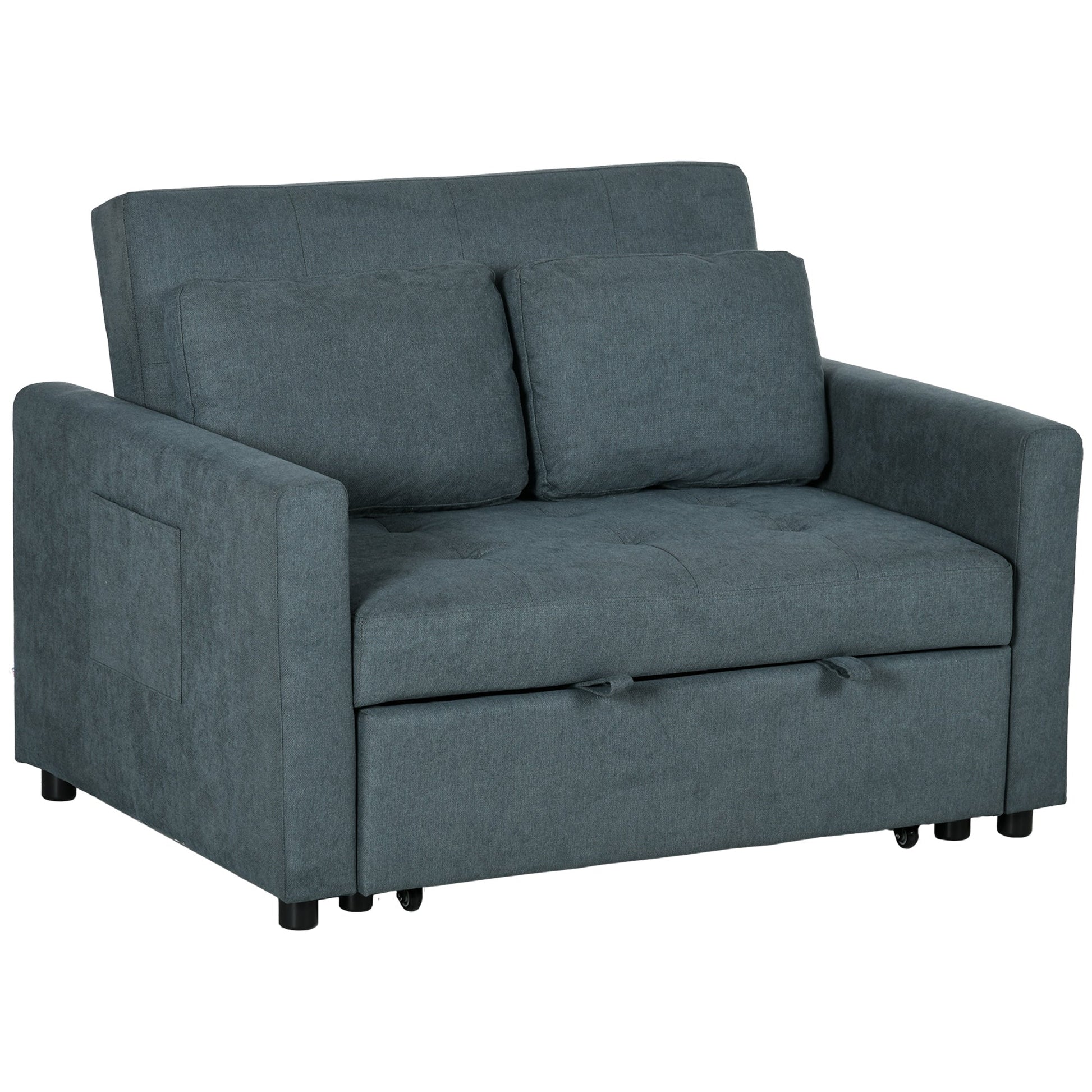 HOMCOM 2 Seater Sofa Bed, Convertible Bed Settee, Modern Fabric Loveseat Sofa Couch with 2 Cushions, Side Pockets for Living Room, Guest Room, Charcoal Grey