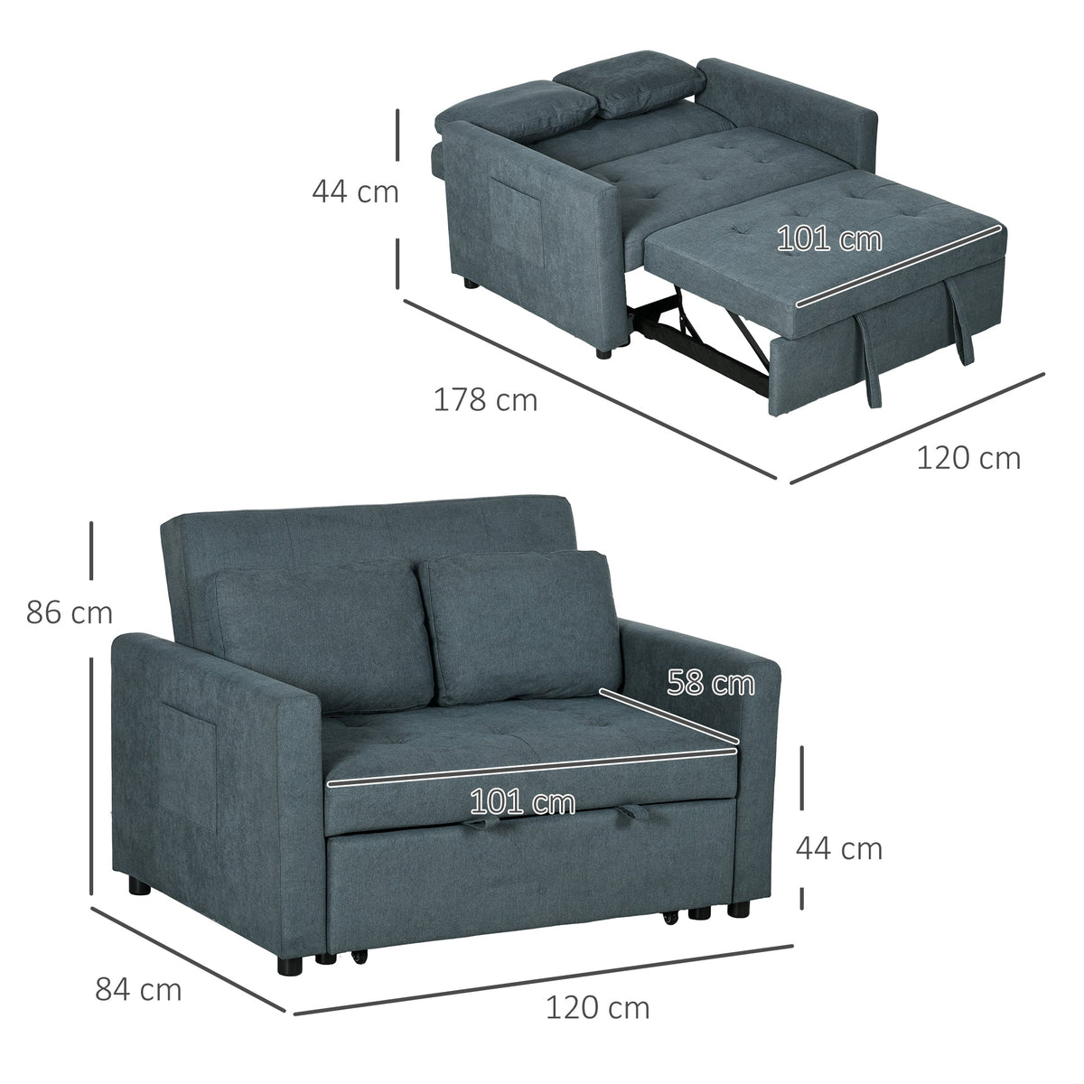 HOMCOM 2 Seater Sofa Bed, Convertible Bed Settee, Modern Fabric Loveseat Sofa Couch with 2 Cushions, Side Pockets for Living Room, Guest Room, Charcoal Grey
