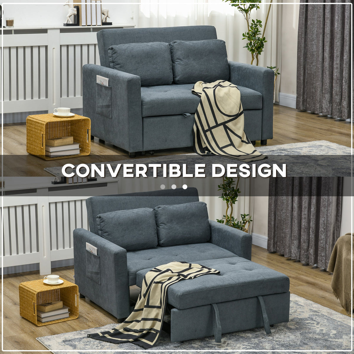 HOMCOM 2 Seater Sofa Bed, Convertible Bed Settee, Modern Fabric Loveseat Sofa Couch with 2 Cushions, Side Pockets for Living Room, Guest Room, Charcoal Grey