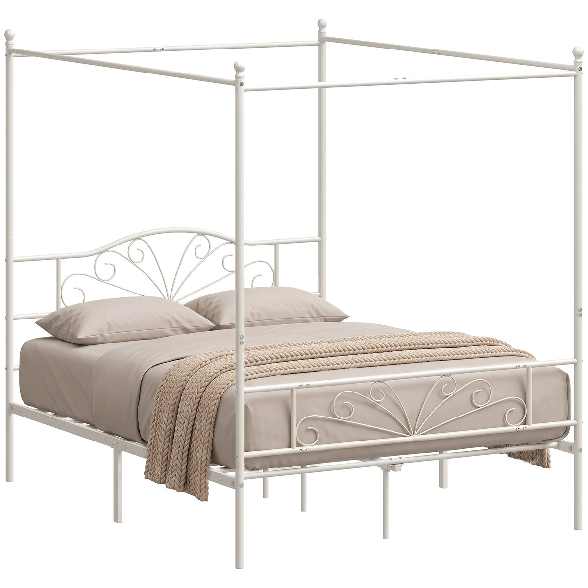 Canopy Bed Frame Double Size, Metal Platform Bed Frame with Headboard and Footboard, Underbed Storage, Heavy Duty Steel Slats Support Mattress Foundation, No Box Spring Needed, White