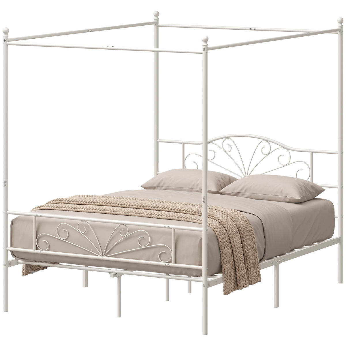 Canopy Bed Frame Double Size, Metal Platform Bed Frame with Headboard and Footboard, Underbed Storage, Heavy Duty Steel Slats Support Mattress Foundation, No Box Spring Needed, White