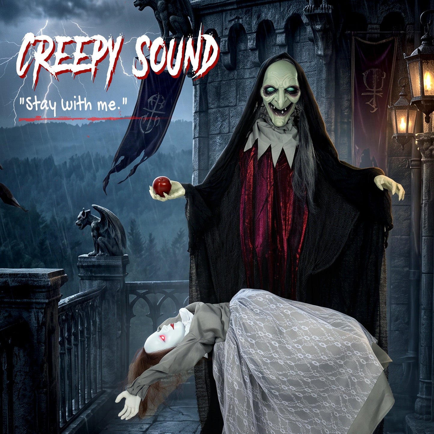 71" Halloween Animated Standing Witch with Floating Ghost Decoration, Halloween Animated Prop with Light-Up Eyes, Sound and Touch Activated, Rising and Falling Motion for Haunted House Party