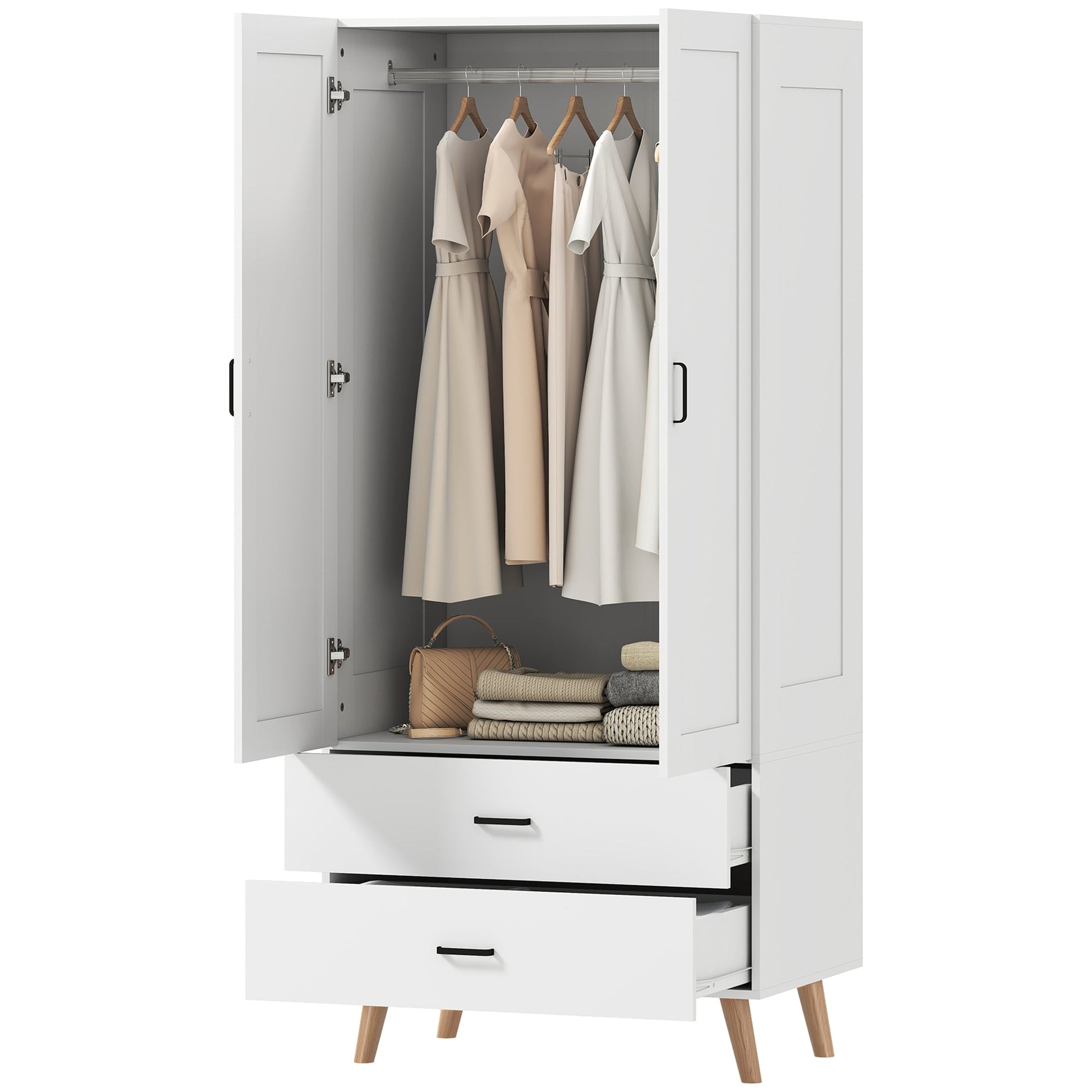 2-Door Wardrobe, Modern Deep Wardrobe with 2 Drawers and Hanging Rail for Bedroom, Flats, 80 x 54 x 180 cm, White
