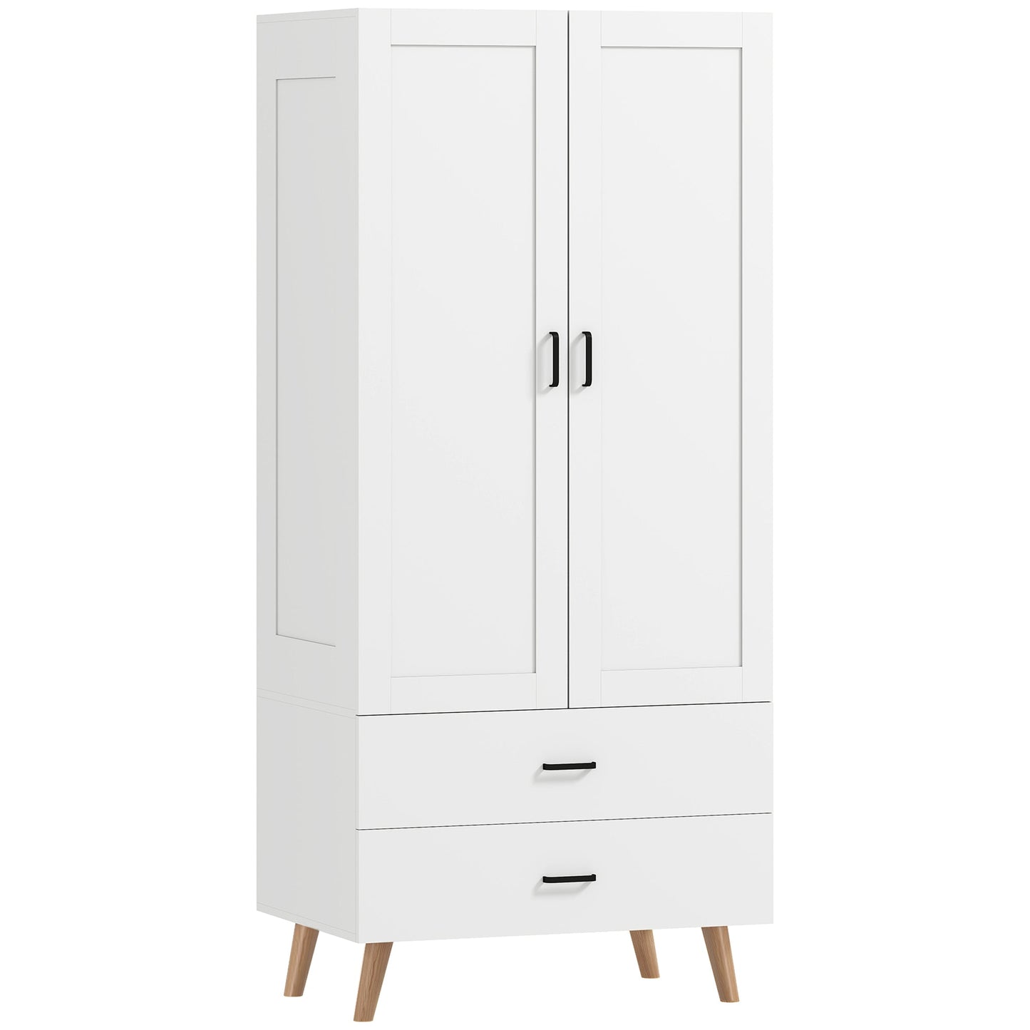 2-Door Wardrobe, Modern Deep Wardrobe with 2 Drawers and Hanging Rail for Bedroom, Flats, 80 x 54 x 180 cm, White