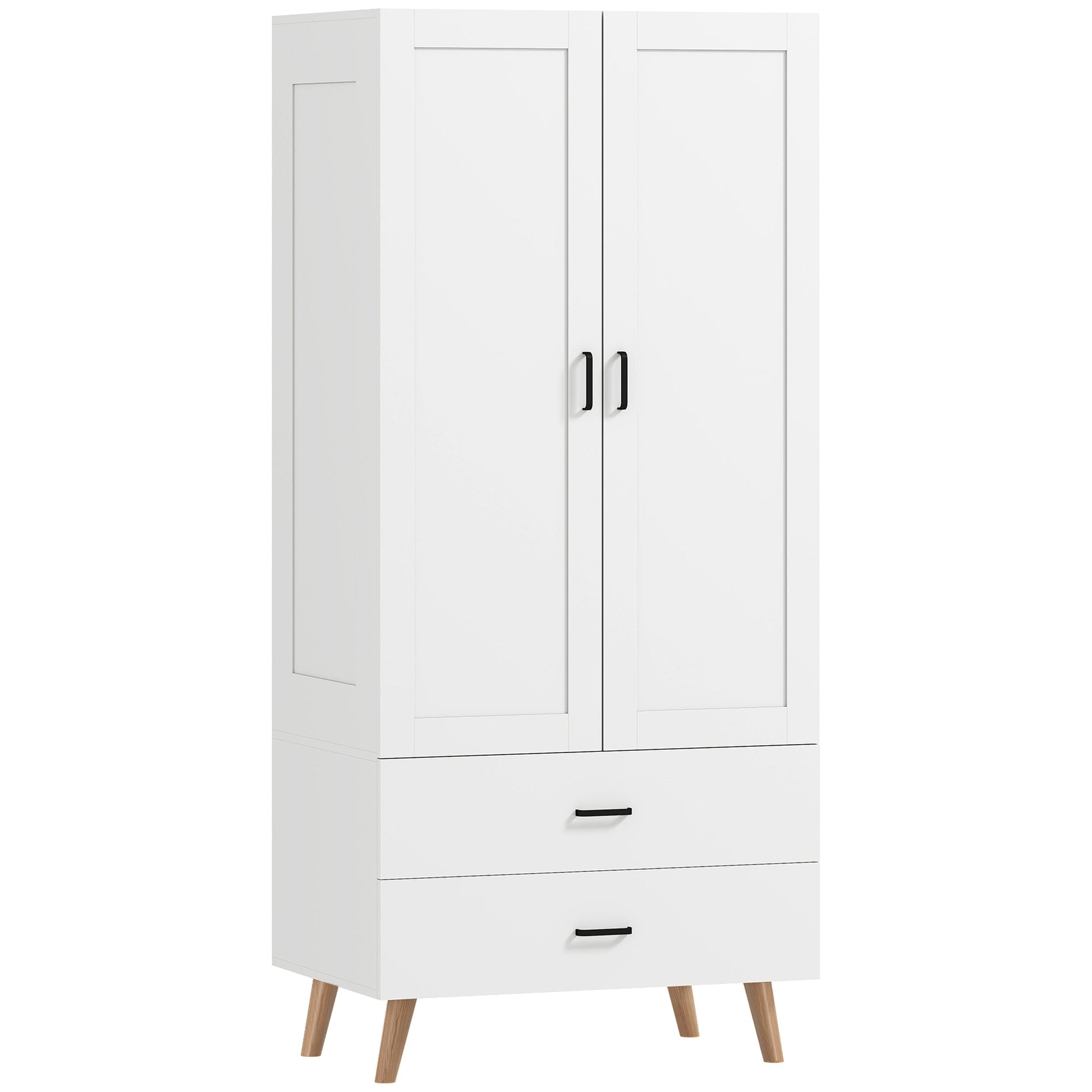 2-Door Wardrobe, Modern Deep Wardrobe with 2 Drawers and Hanging Rail for Bedroom, Flats, 80 x 54 x 180 cm, White