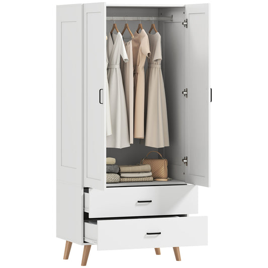 2-Door Wardrobe, Modern Deep Wardrobe with 2 Drawers and Hanging Rail for Bedroom, Flats, 80 x 54 x 180 cm, White