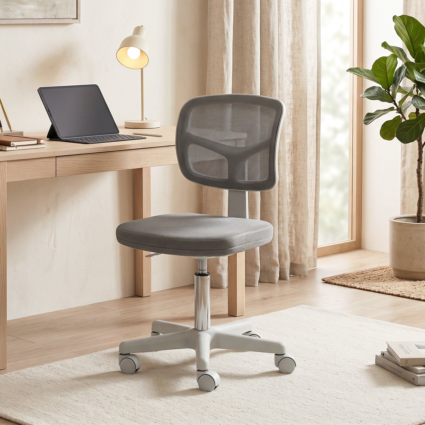 Small Office Chair without Arms, Ergonomic Swivel Mesh Desk Chair with Curved Back and Wheels, Height Adjustable for Home Vanity Computer Dressing Table Study Bedroom, Dark Grey