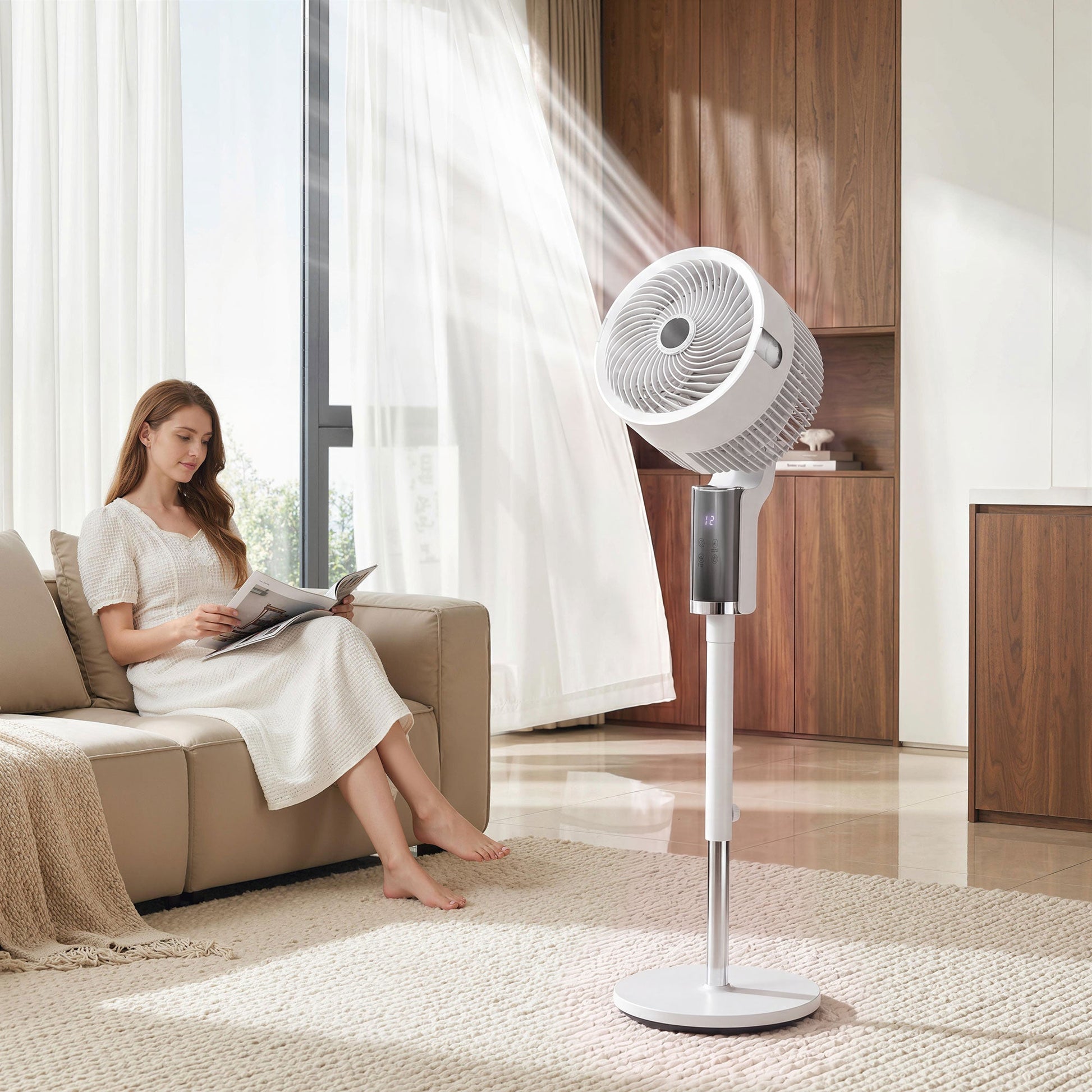 20 dB Silent Standing Fan for Bedroom, 44" Pedestal Fan with 55° Oscillating, 90° Vertical Tilt, 8 Speeds, LED Light, Remote Control, 12H Timer, Adjustable Height, White