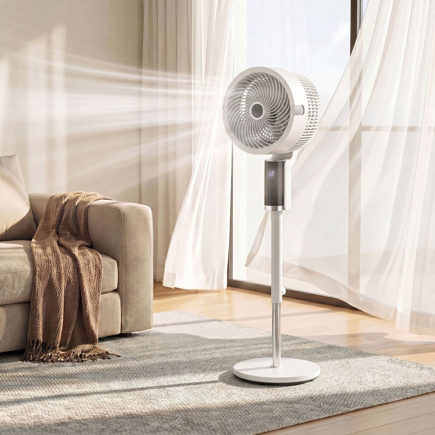 20 dB Silent Standing Fan for Bedroom, 44" Pedestal Fan with 55° Oscillating, 90° Vertical Tilt, 8 Speeds, LED Light, Remote Control, 12H Timer, Adjustable Height, White