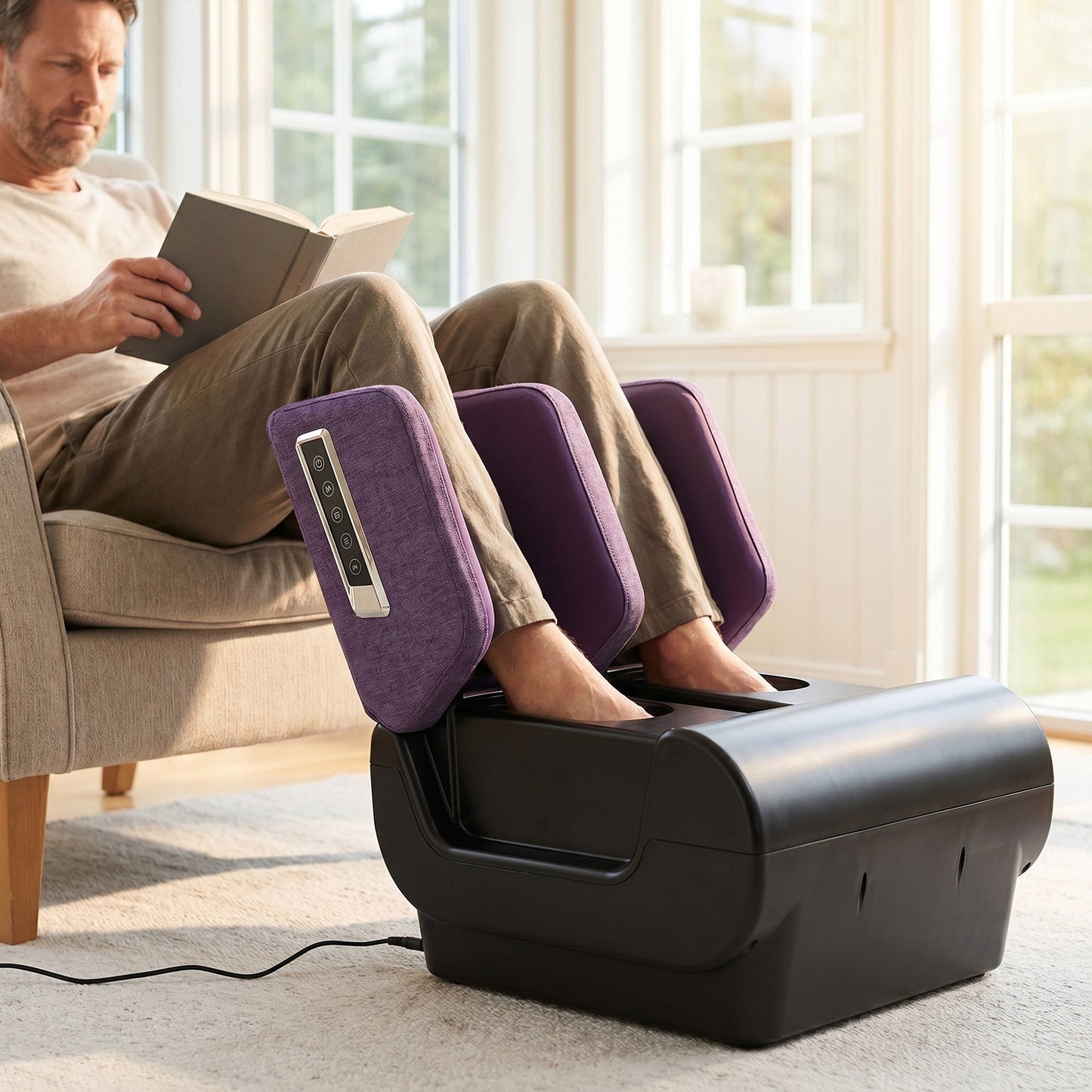 Foot and Calf Massager, 2 in 1 Foot Massager Machine & Ottoman with Shiatsu Foot with Heat, Air Compression, Timer, 3 Modes & Intensities for Feet, Ankle, Leg, Purple and Black