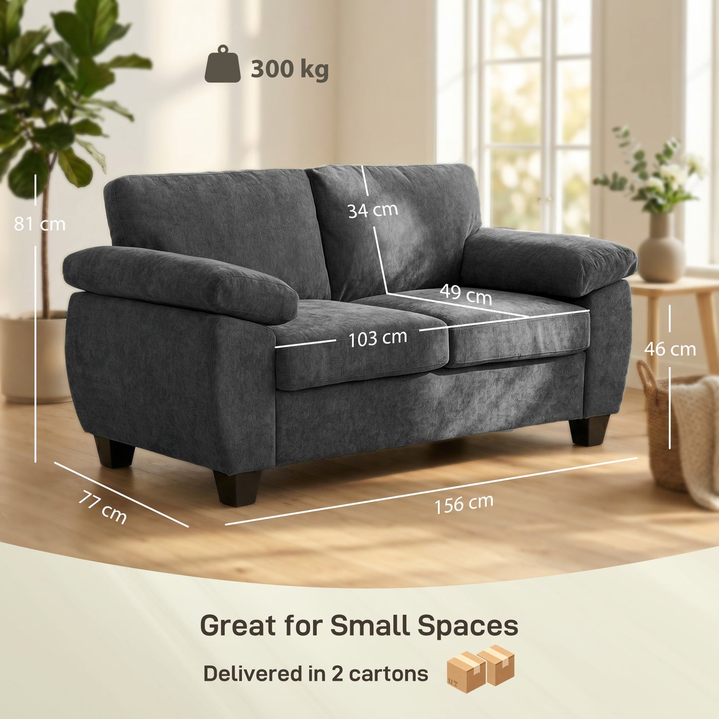 2 Seater Sofa, 156cm Chenille Loveseat Sofa with Thick Spring Cushions, Wide Padded Armrests, Couch Settee for Small Space, Living Room, Bedroom, Home Office, 300KG Capacity, Dark Grey