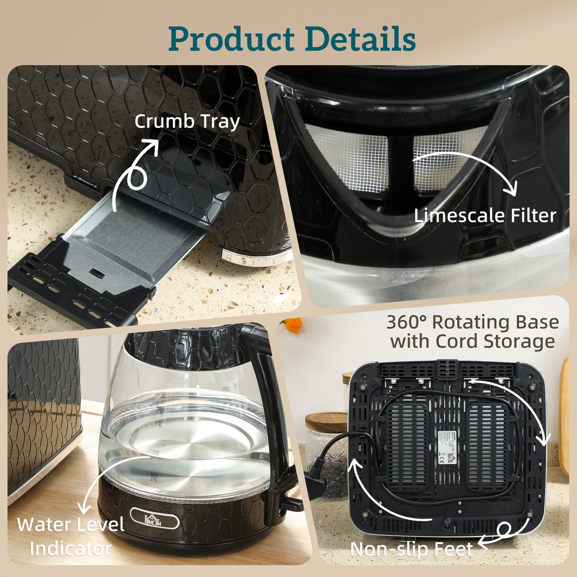 Kettle and Toaster Set, 1.7L 3000W Rapid Boil Jug Kettle with Strix Thermostat, Limescale Filter, 4 Slice Toaster with 7 Browning Controls, Crumb Tray, Black