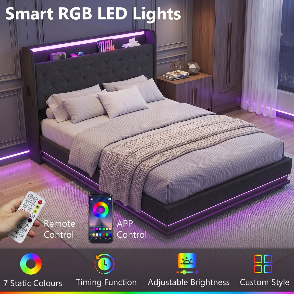 4ft6 Double Ottoman Bed Frame with Hydraulic Storage, APP Control LED Lights and Charging Station, Upholstered Lift Up Storage Bed Frame with Headboard, No Box Spring Needed, Black