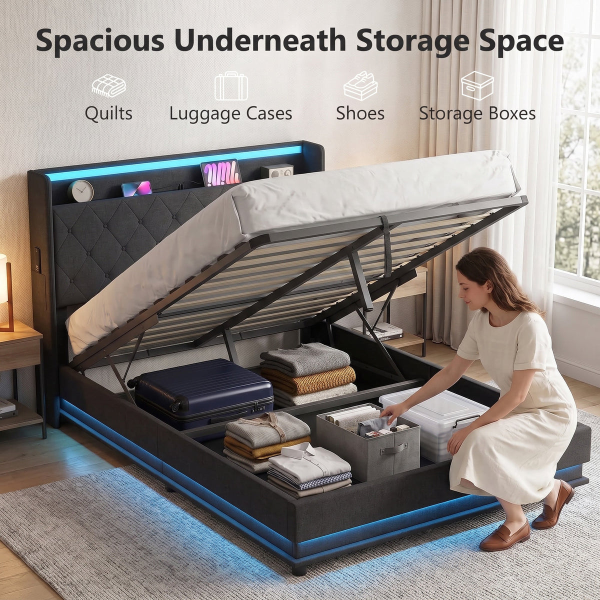 4ft6 Double Ottoman Bed Frame with Hydraulic Storage, APP Control LED Lights and Charging Station, Upholstered Lift Up Storage Bed Frame with Headboard, No Box Spring Needed, Black
