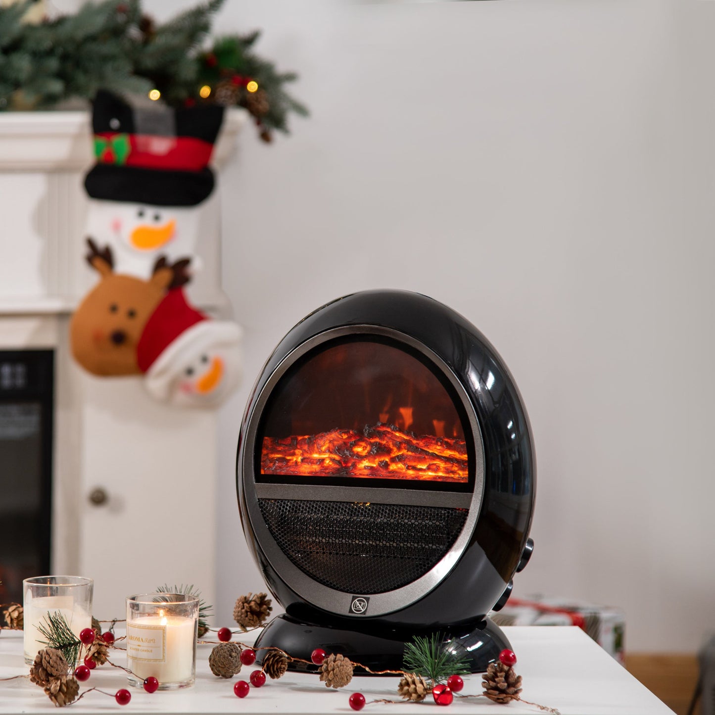 Freestanding Electric Fireplace Indoor Space Table Top Heater with Realistic Flame Effect, Rotatable Head, Overheating Protection, 1500W, Black