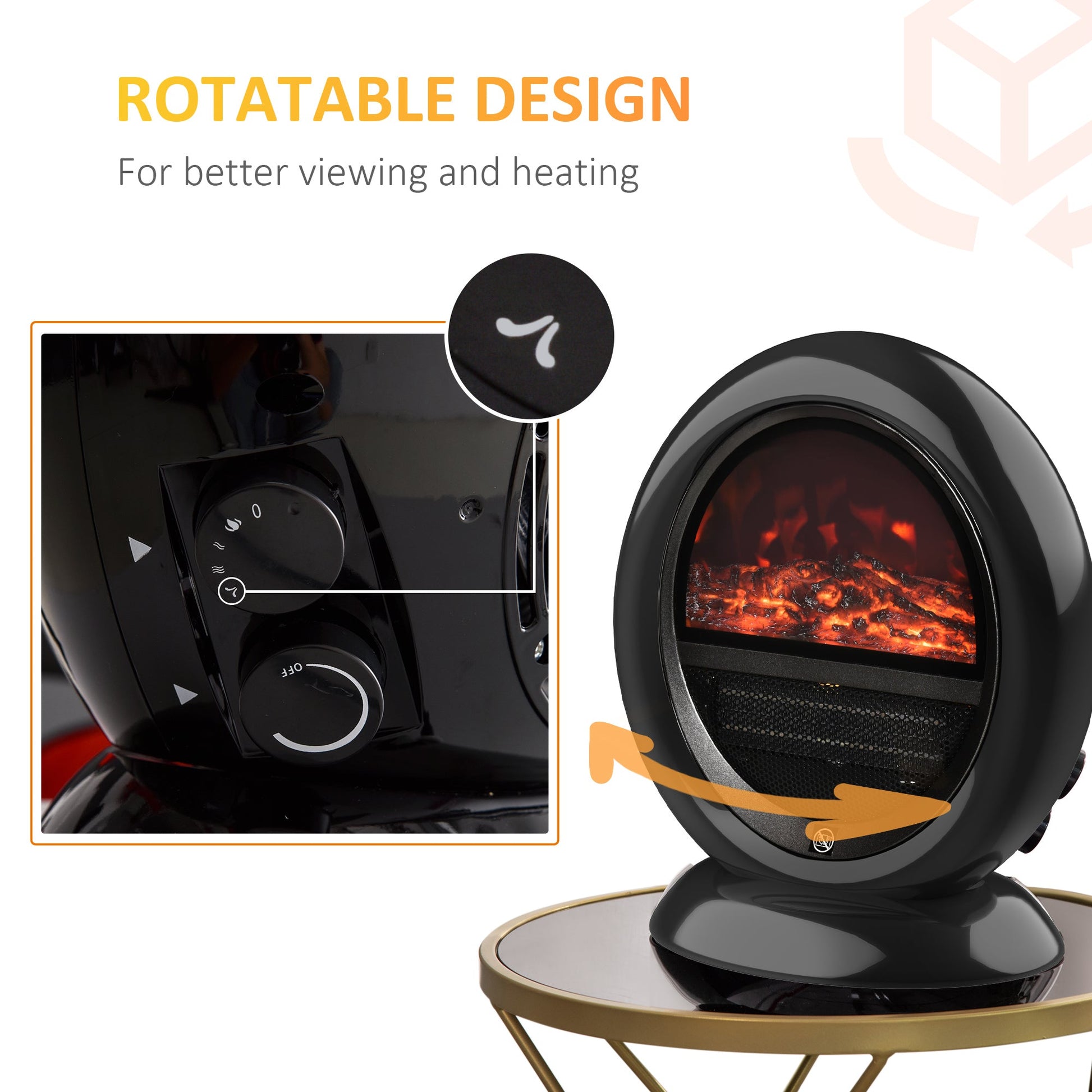 Freestanding Electric Fireplace Indoor Space Table Top Heater with Realistic Flame Effect, Rotatable Head, Overheating Protection, 1500W, Black