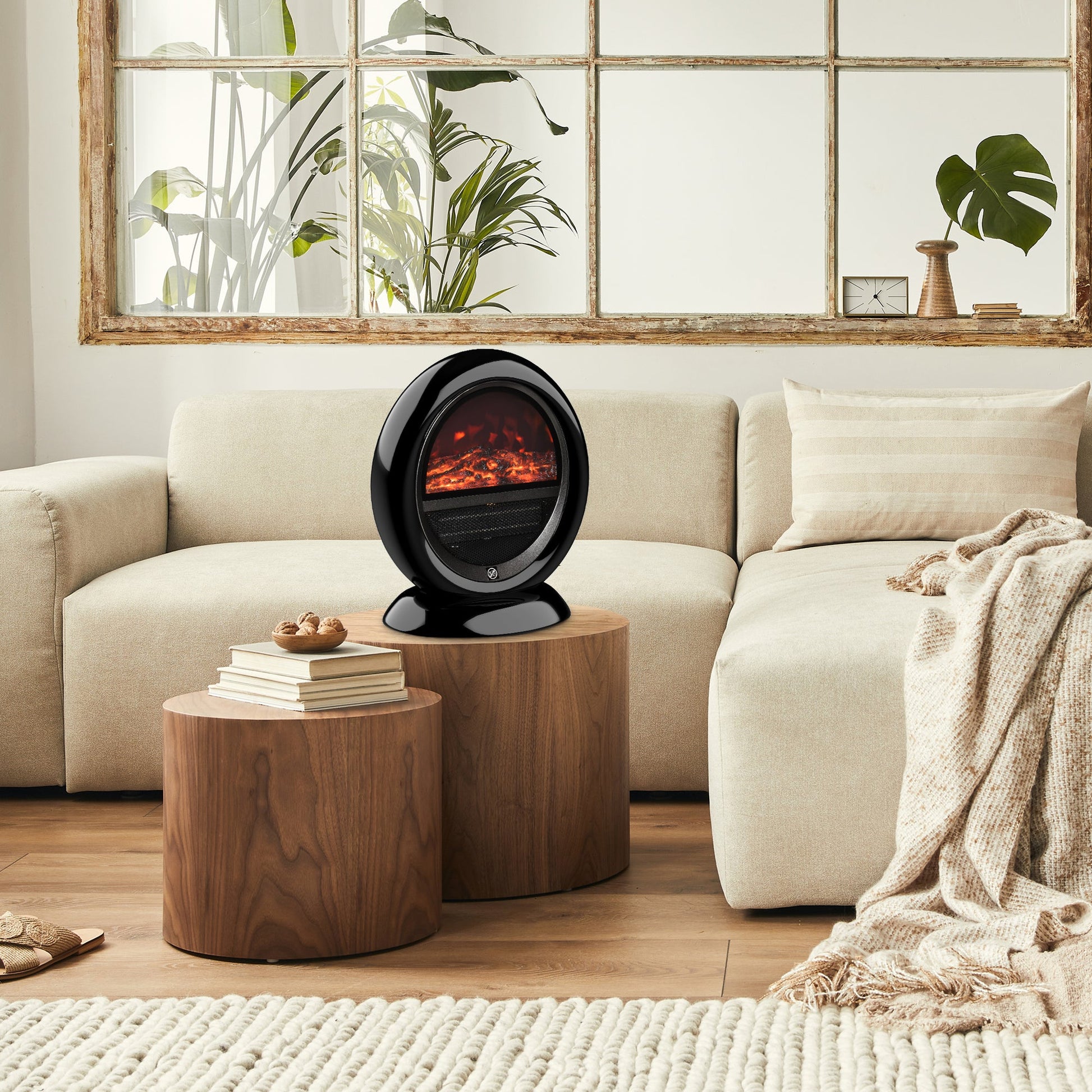 Freestanding Electric Fireplace Indoor Space Table Top Heater with Realistic Flame Effect, Rotatable Head, Overheating Protection, 1500W, Black