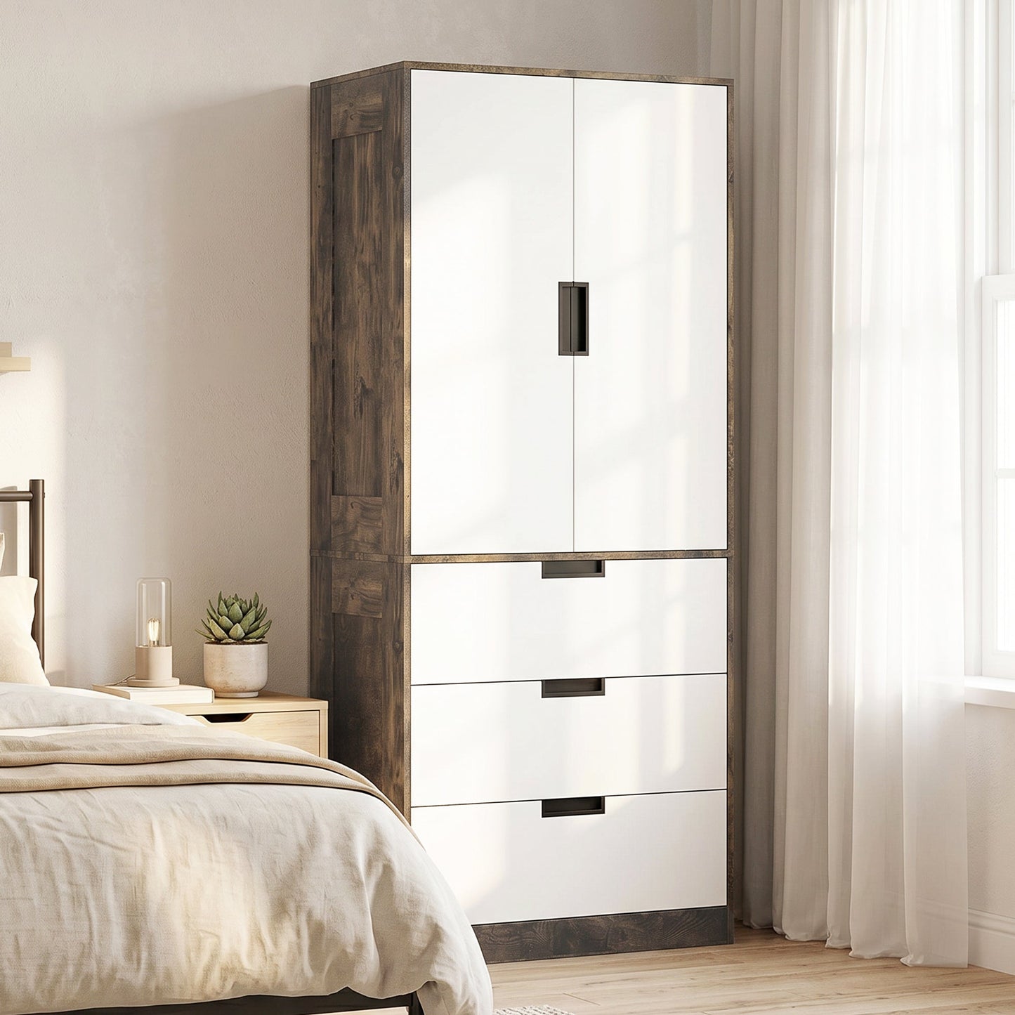 2 Door Wardrobe with 3 Drawers & Hanging Rail, Modern Clothes Storage Cupboard Unit, Bedroom Wardrobe with Soft Closing Hinge, 50D x 80W x 180Hcm, Rustic Brown