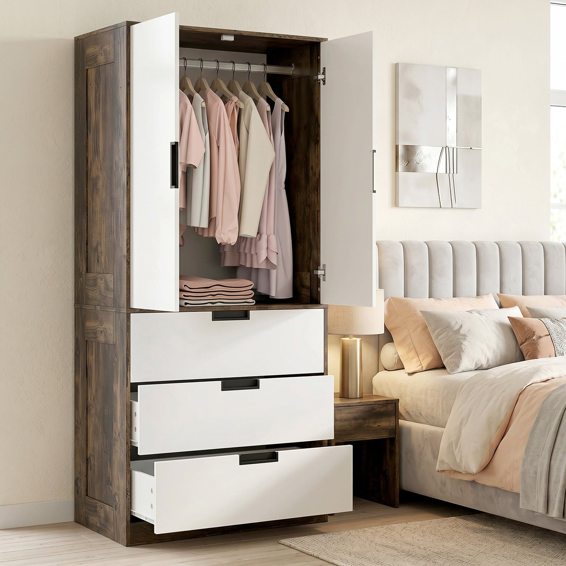 2 Door Wardrobe with 3 Drawers & Hanging Rail, Modern Clothes Storage Cupboard Unit, Bedroom Wardrobe with Soft Closing Hinge, 50D x 80W x 180Hcm, Rustic Brown