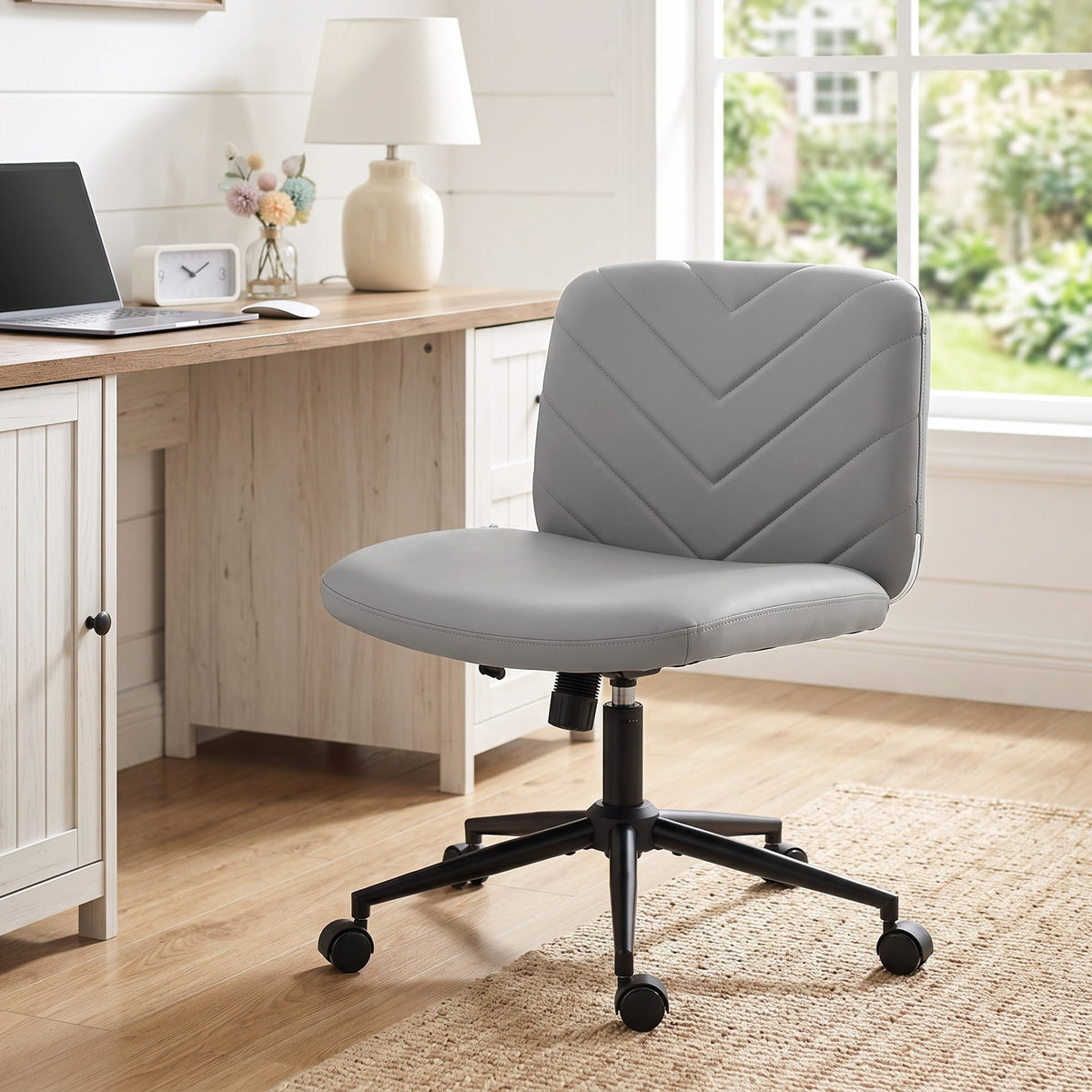 Criss Cross Legged Office Chair with Wide Seat, Swivel Desk Chair with Wheels, Rocking Function, Backrest, Adjustable Height, High-Density Foam, Computer Seat for Home Office, Bedroom, Grey