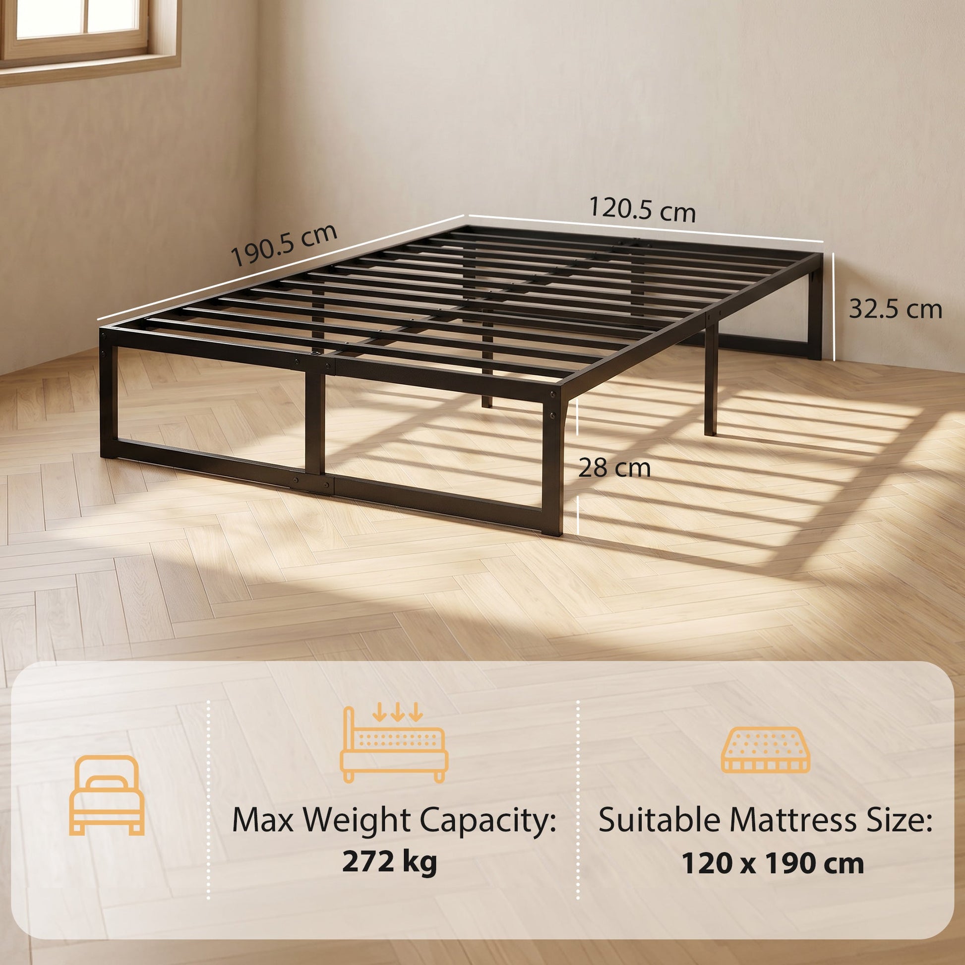 4ft Small Double Bed Frame with Underbed Storage, 32.5 cm Height, Metal Platform Bed Frame with Steel Slat Support, Noise-Free, Easy Assembly, Black