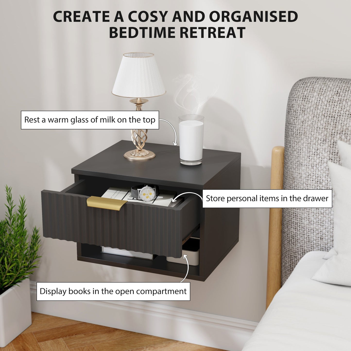 Floating Nightstands Set of 2, Modern Wall Mounted Bedside Tables with Fluted Drawer and Open Shelf for Bedroom, Black