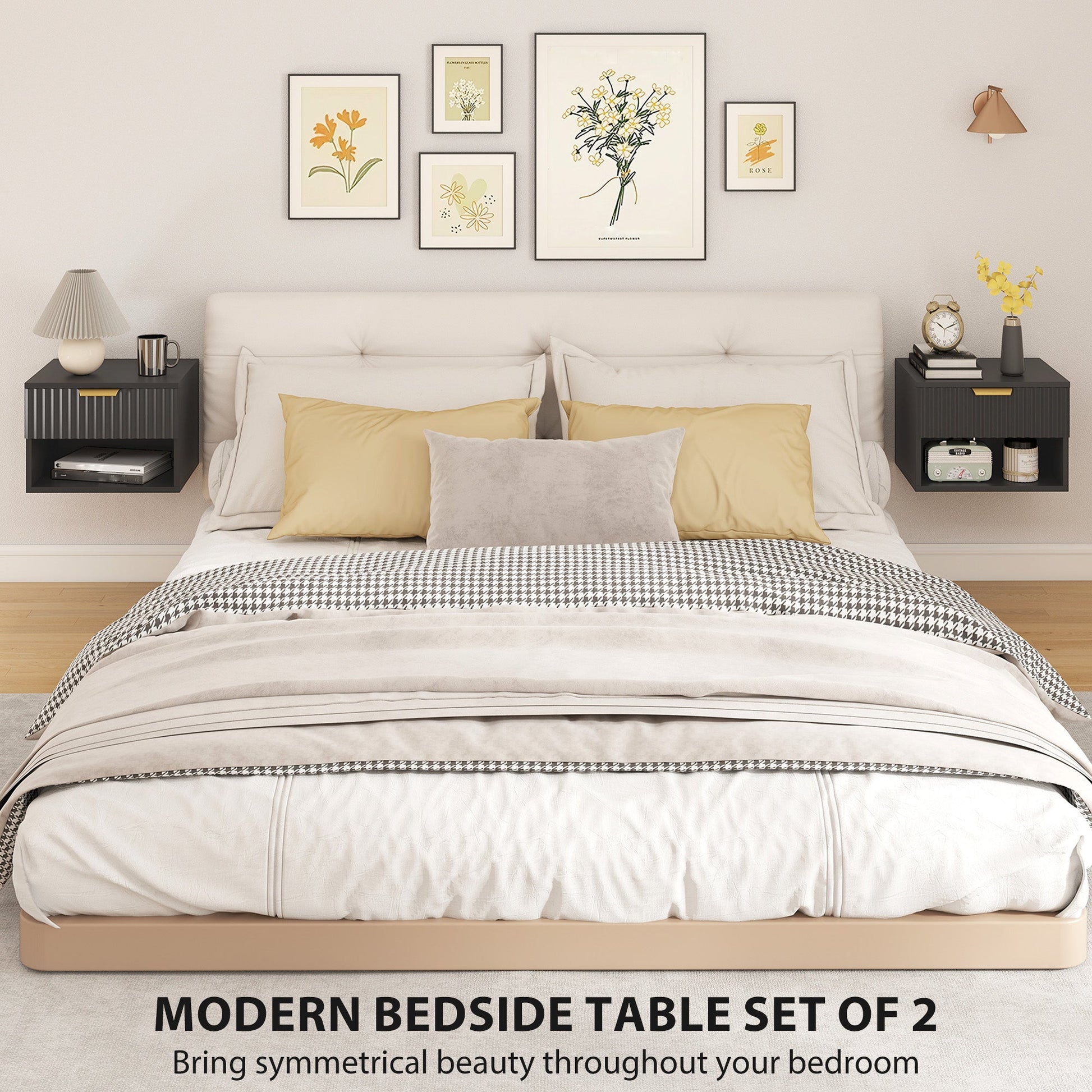 Floating Nightstands Set of 2, Modern Wall Mounted Bedside Tables with Fluted Drawer and Open Shelf for Bedroom, Black