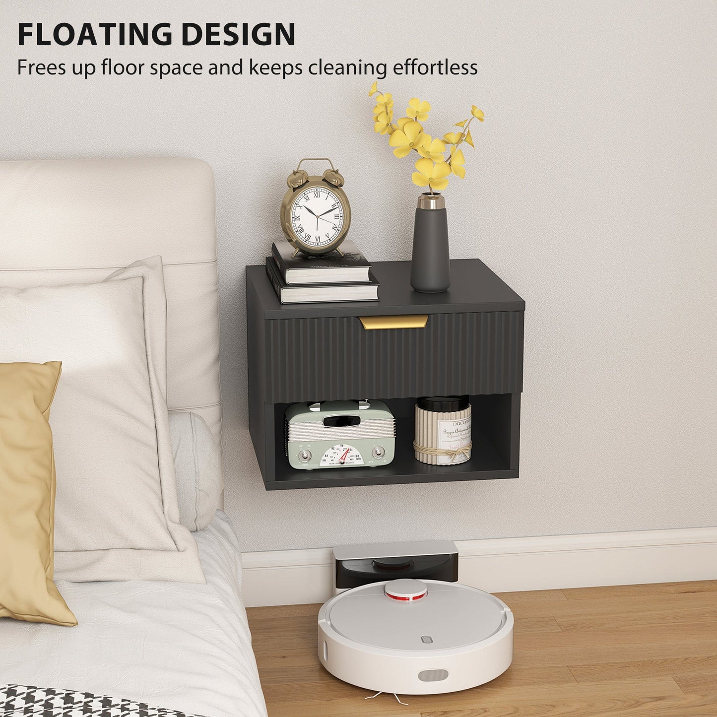 Floating Nightstands Set of 2, Modern Wall Mounted Bedside Tables with Fluted Drawer and Open Shelf for Bedroom, Black
