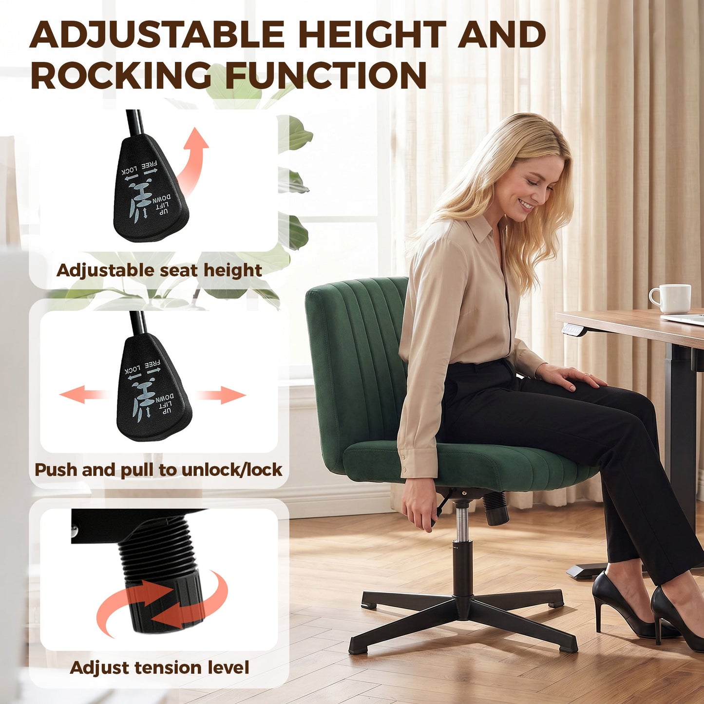 Armless Office Chair No Wheels, Flannel Criss Cross Legged Desk Chair with Wide Seat, Thick Padding, Rock Function, Height Adjustable Swivel Computer Seat for Home, Green