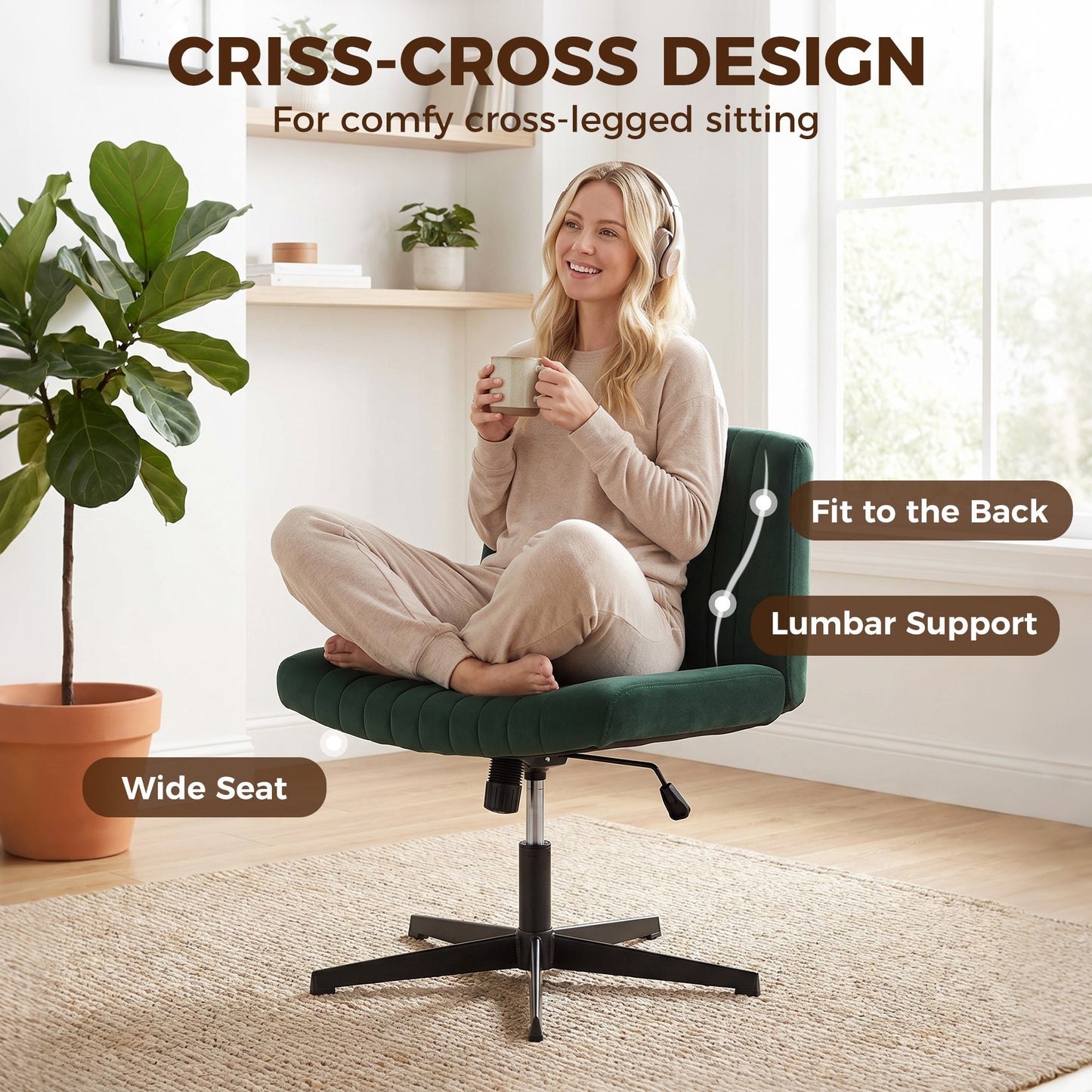 Armless Office Chair No Wheels, Flannel Criss Cross Legged Desk Chair with Wide Seat, Thick Padding, Rock Function, Height Adjustable Swivel Computer Seat for Home, Green