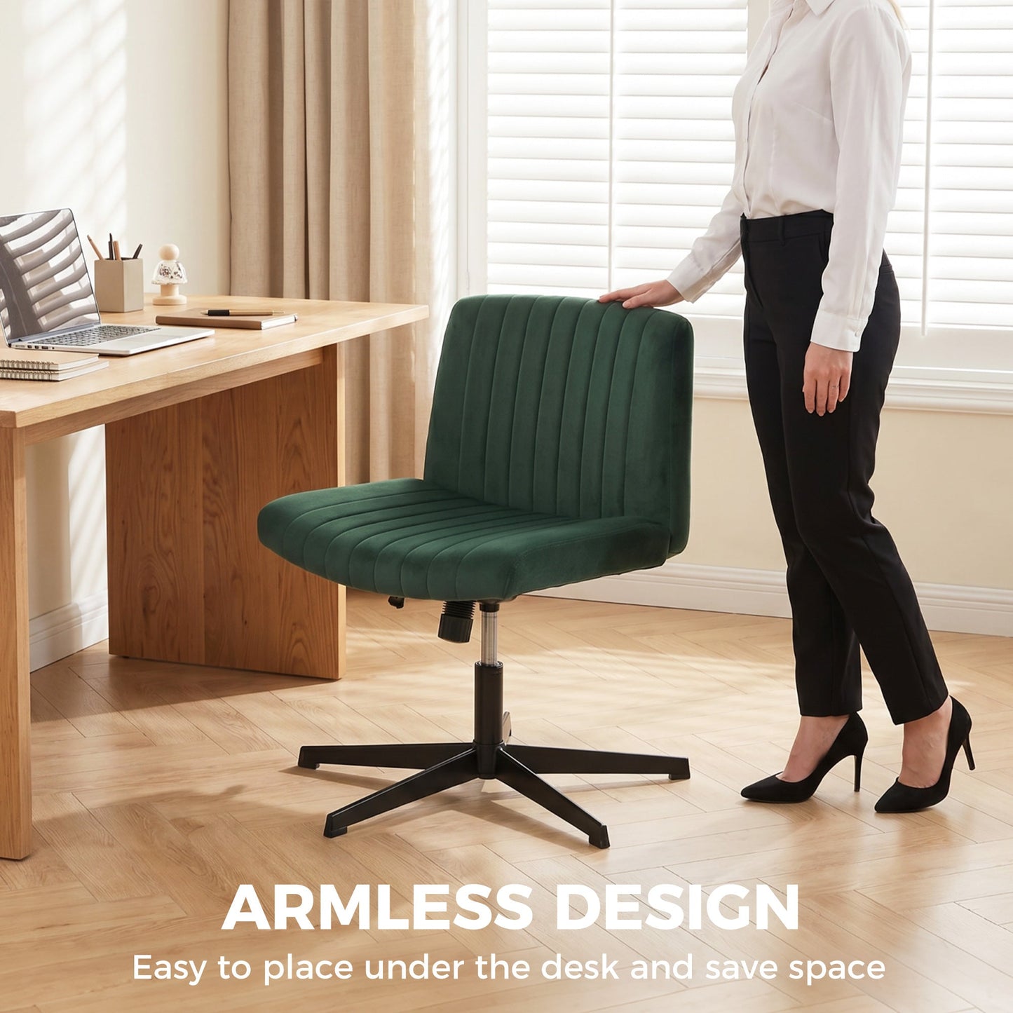 Armless Office Chair No Wheels, Flannel Criss Cross Legged Desk Chair with Wide Seat, Thick Padding, Rock Function, Height Adjustable Swivel Computer Seat for Home, Green