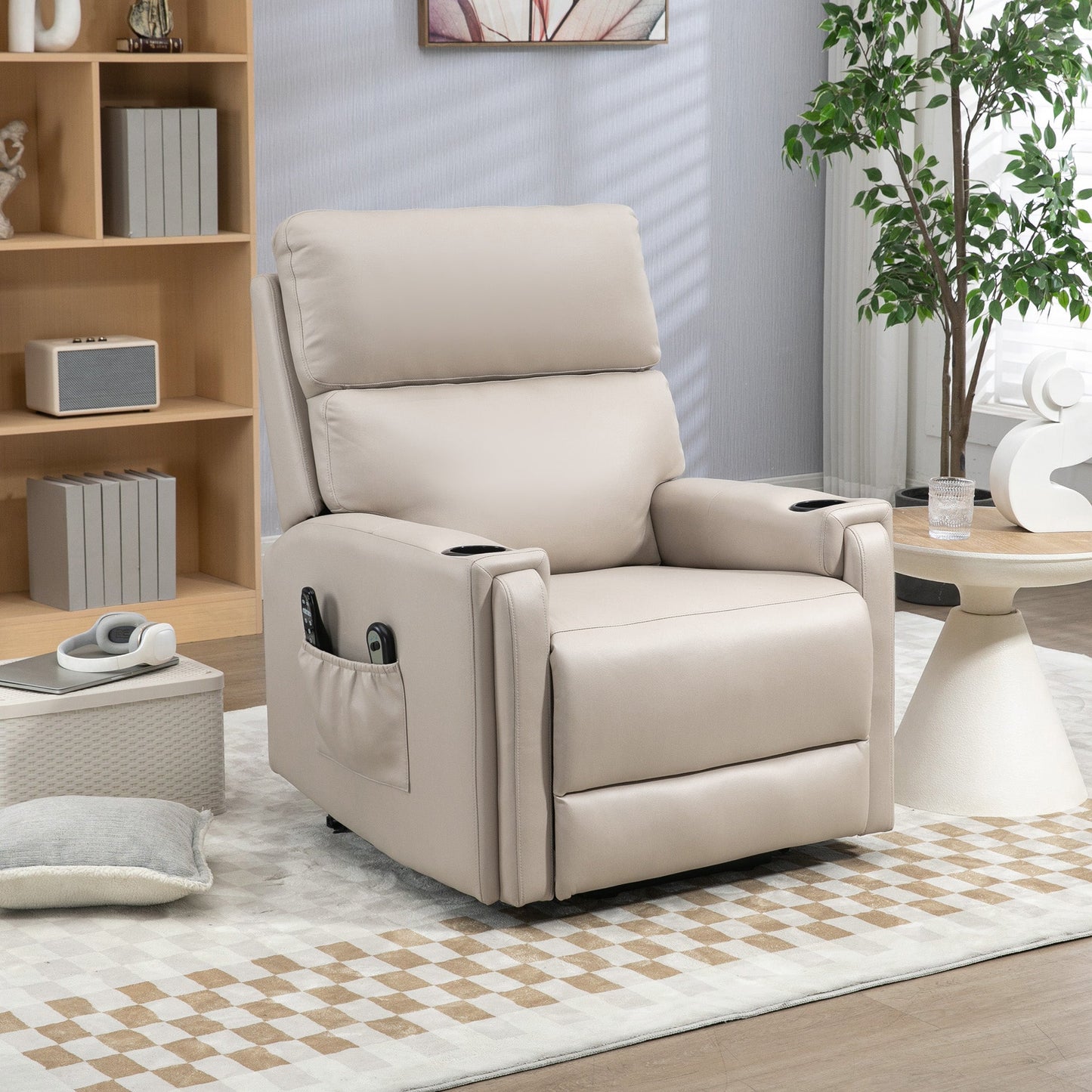 HOMCOM Riser and Recliner Chair for the Elderly, Electric Microfibre Upholstered Lift Chair with Vibration Massage and Heat, Quick Assembly, Remote Control, Cup Holders, Side Pockets, Beige