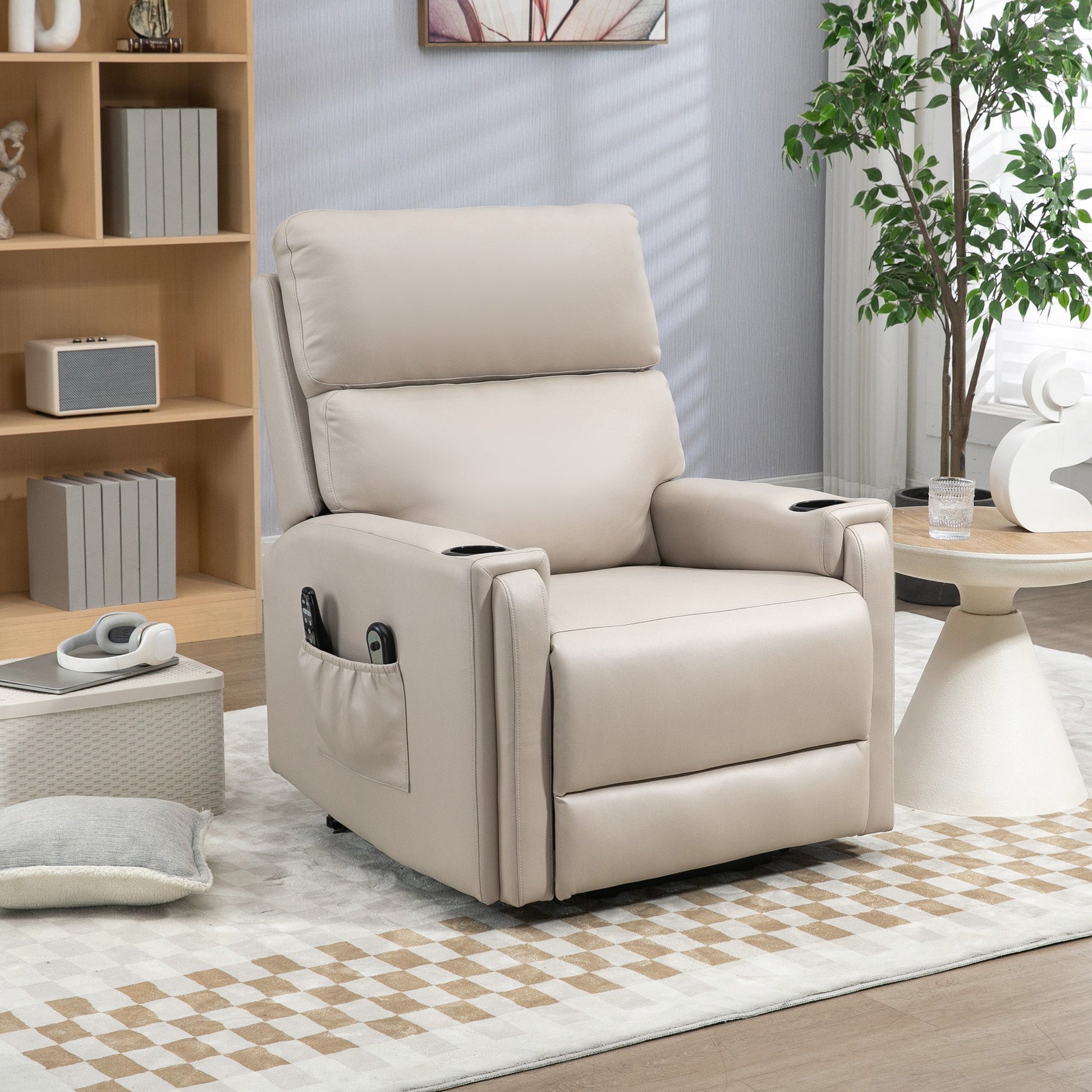 HOMCOM Riser and Recliner Chair for the Elderly, Electric Microfibre Upholstered Lift Chair with Vibration Massage and Heat, Quick Assembly, Remote Control, Cup Holders, Side Pockets, Beige