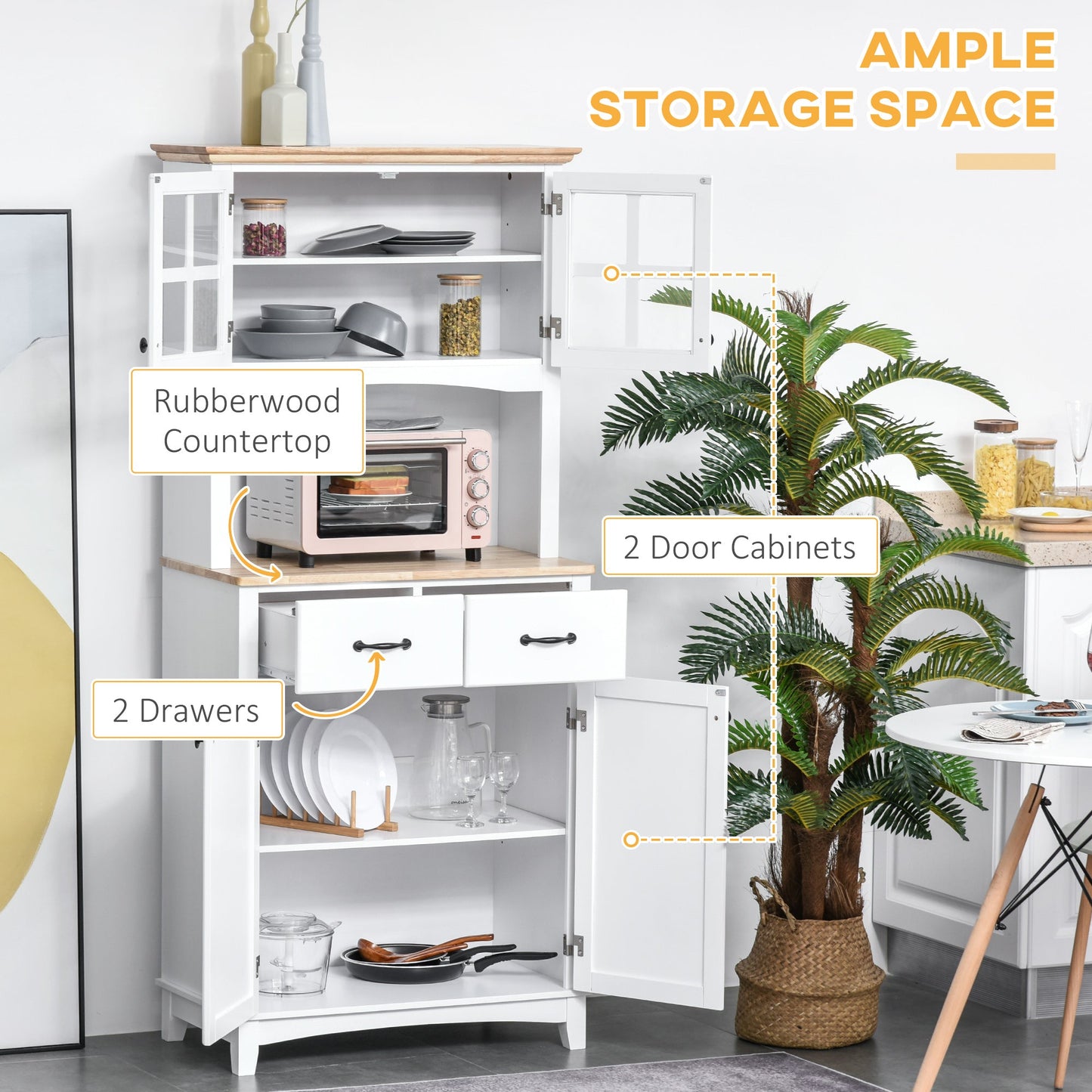 Freestanding Kitchen Cupboard, Kitchen Storage Cabinet with Framed Glass Doors, 2 Drawers, Microwave Counter, 172cm, White