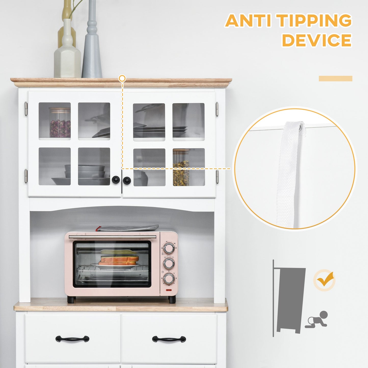 Freestanding Kitchen Cupboard, Kitchen Storage Cabinet with Framed Glass Doors, 2 Drawers, Microwave Counter, 172cm, White