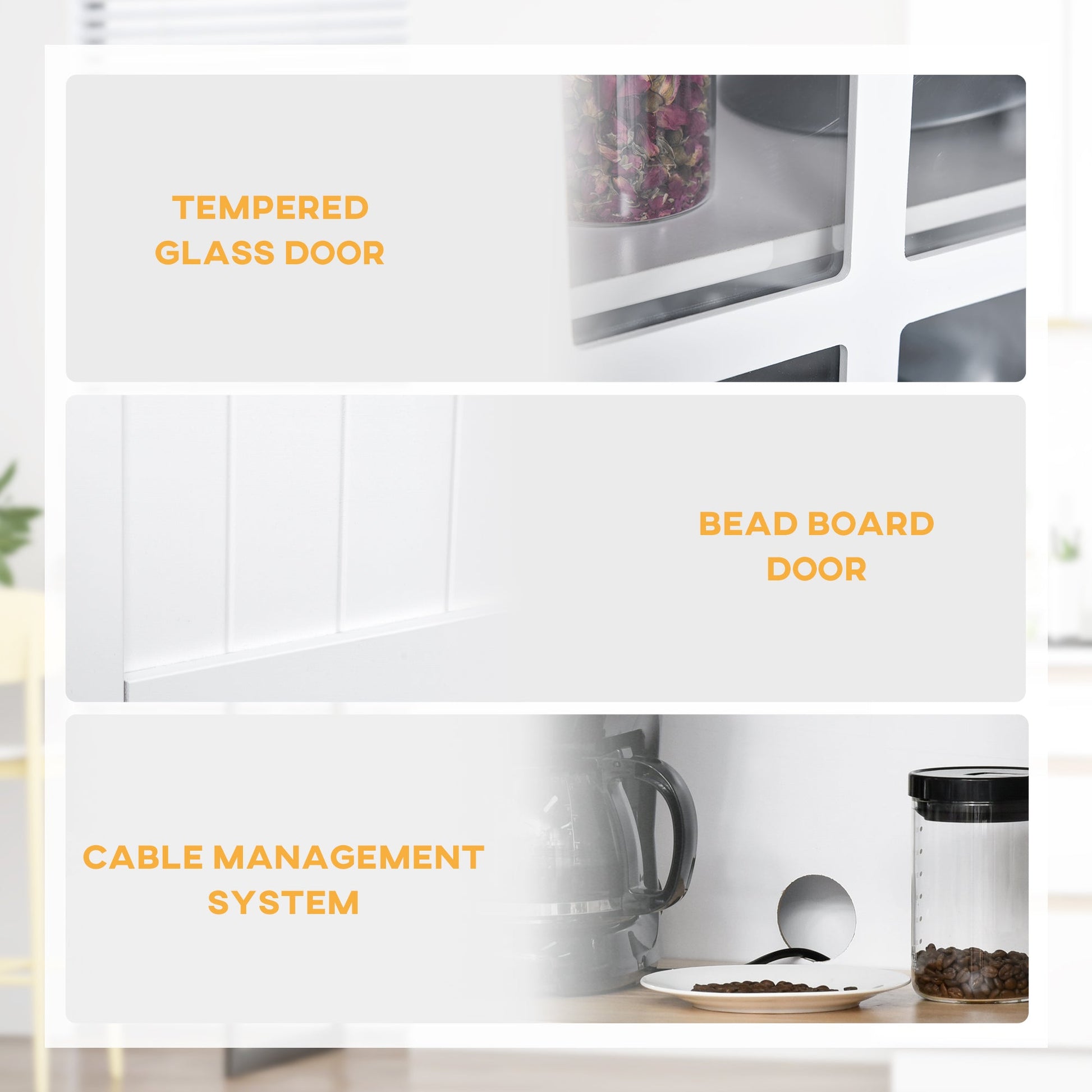 Freestanding Kitchen Cupboard, Kitchen Storage Cabinet with Framed Glass Doors, 2 Drawers, Microwave Counter, 172cm, White