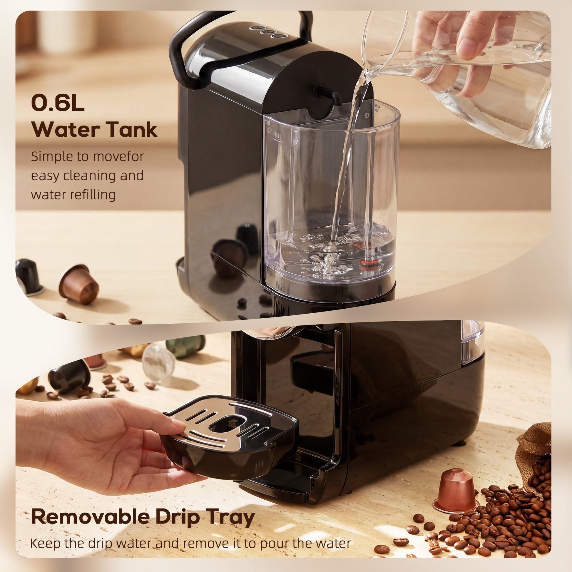 Pod Coffee Machine for Nespresso Original, Dolce Gusto Capsule and Ground Coffee, Small Semi Automatic Coffee Maker with 19 Bar Pump and 0.6L Water Tank for Home Office, Black
