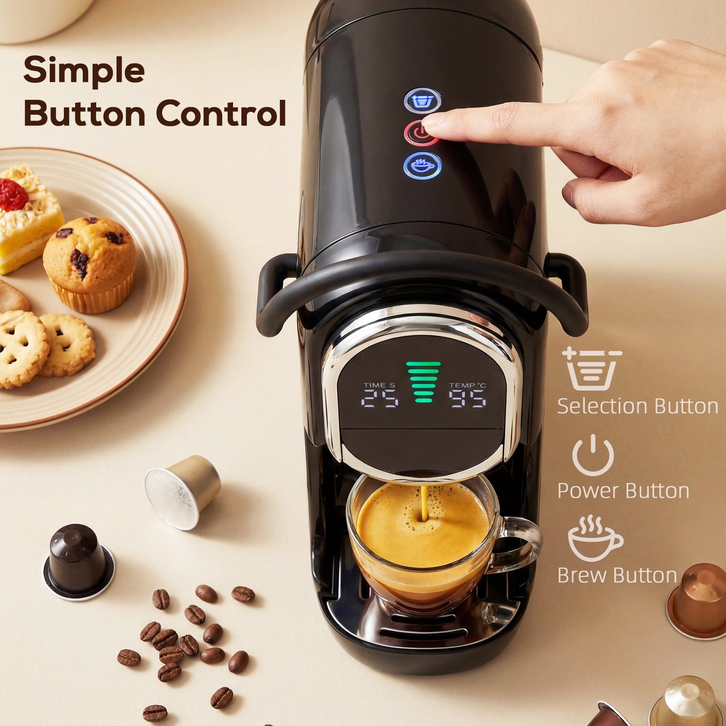 Pod Coffee Machine for Nespresso Original, Dolce Gusto Capsule and Ground Coffee, Small Semi Automatic Coffee Maker with 19 Bar Pump and 0.6L Water Tank for Home Office, Black